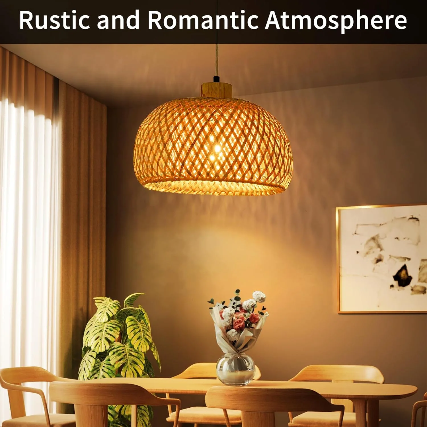 چراغ آویز بامبو، چراغ حصیری بافته شده دستی 30 سانتی متری، لوستر آویز بوهو کرم رنگ، چراغ سقفی روستیک مناسب اتاق نشیمن، آشپزخانه، خانه روستایی، اتاق خواب