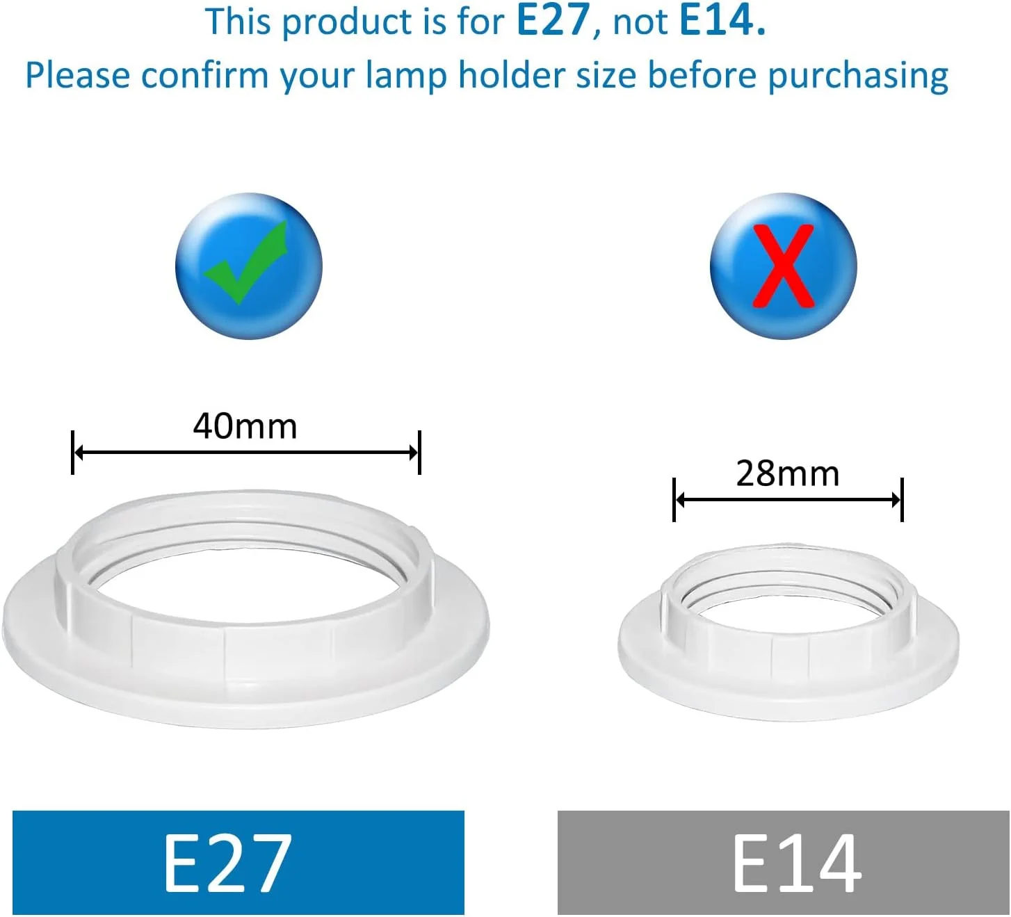 حلقه کاهنده کلاهک چراغ SCNNC، حلقه یقه پیچی E27، 40 میلی متر، اتصالات کلاهک چراغ E27 برای چراغ رومیزی، چراغ های سقفی، حلقه جایگزین سوکت قفل چرخشی نگهدارنده لامپ پلاستیکی - سفید، بسته 6 عددی