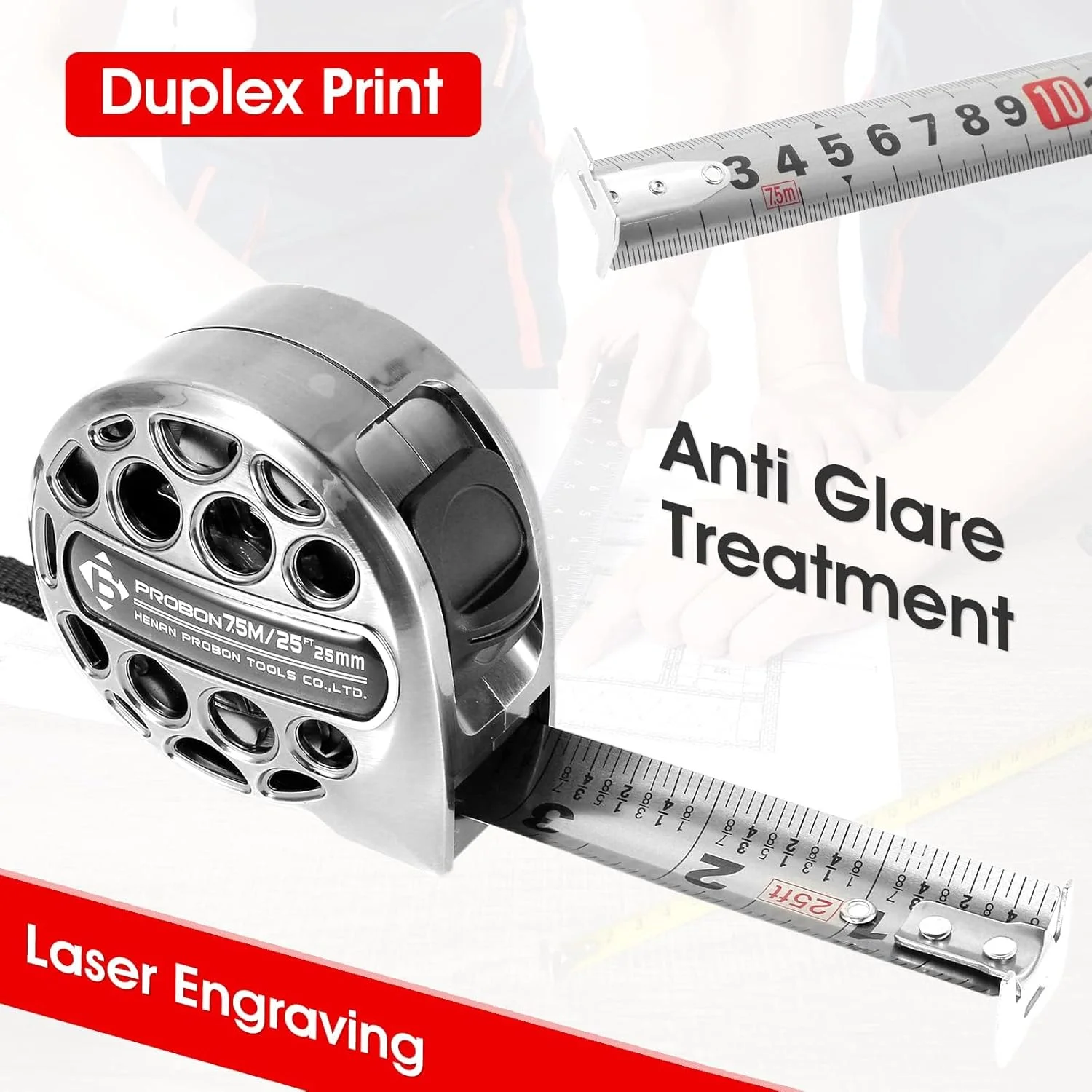 متر نواری، 7.5 متری با روکش استیل ضد زنگ، مقیاس دو طرفه، مناسب برای ساخت و ساز، کارهای خانگی و نجاری