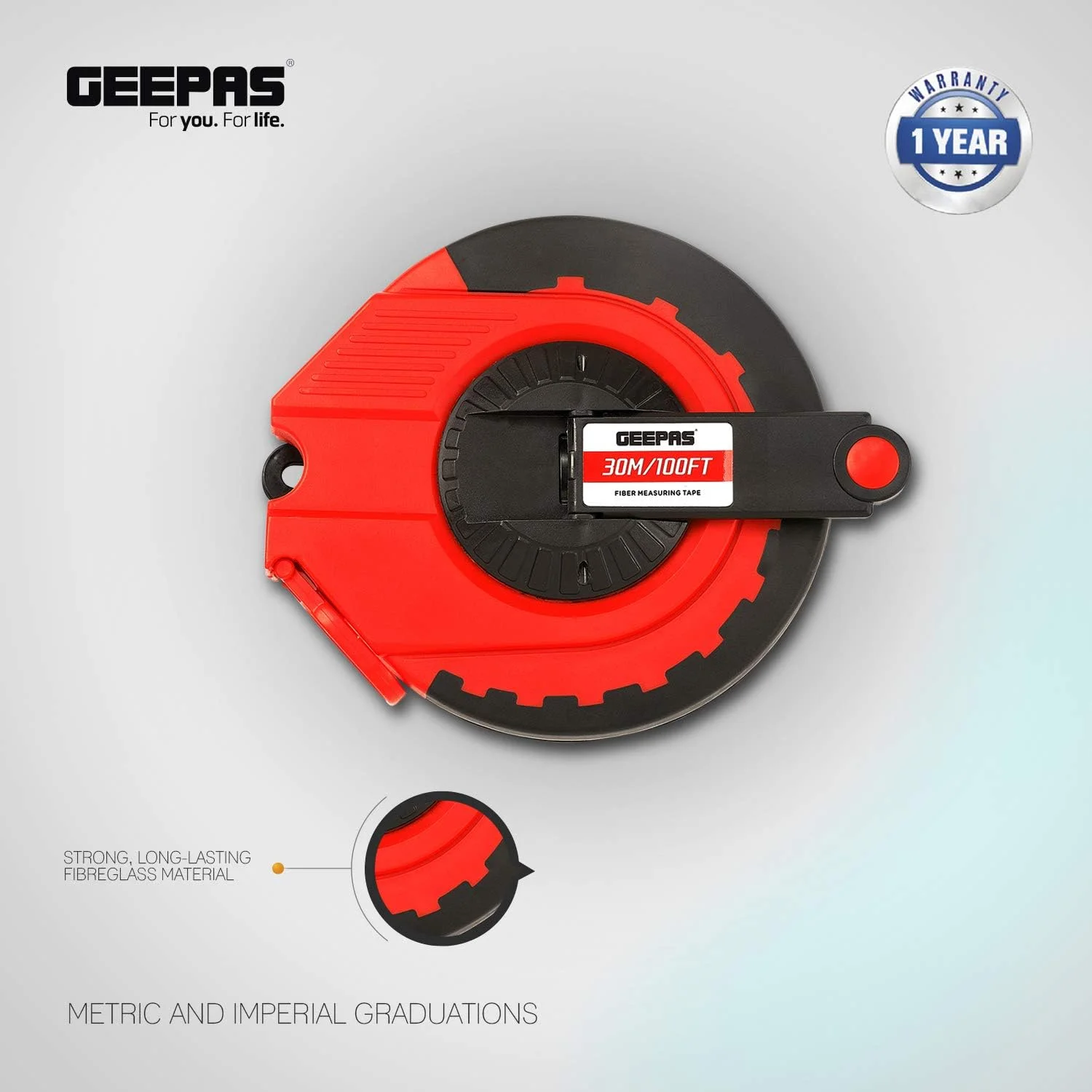 متر نواری فایبر گلاس 30 متری جیپاس مدل GT59013 - متر نواری فایبرگلاس بلند ساخته شده از بدنه بیرونی ABS بادوام و حلقه فلزی در انتها