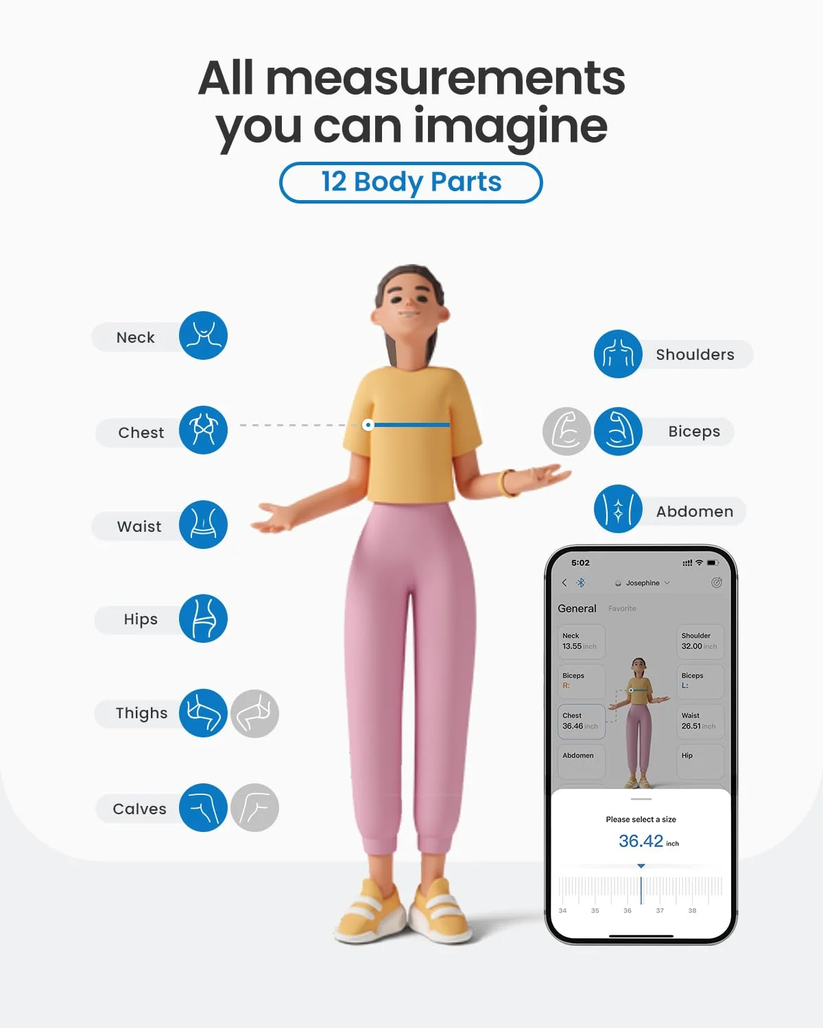 متر نواری بدنه ارتقا یافته RENPHO - ابزار پیشرفته برای نظارت بر کاهش وزن، افزایش عضله و پیشرفت تناسب اندام، متر نواری جمع شونده هوشمند دیجیتال در هر دو واحد اینچ و سانتی متر با دقت