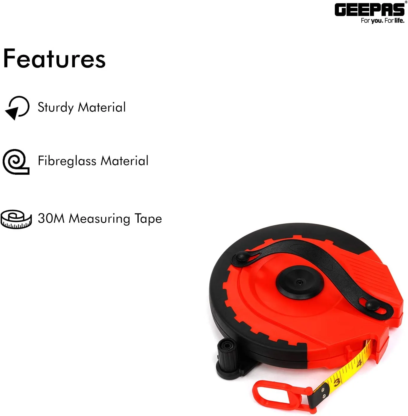 متر نواری فایبر گلاس 30 متری جیپاس مدل GT59013 - متر نواری فایبرگلاس بلند ساخته شده از بدنه بیرونی ABS بادوام و حلقه فلزی در انتها