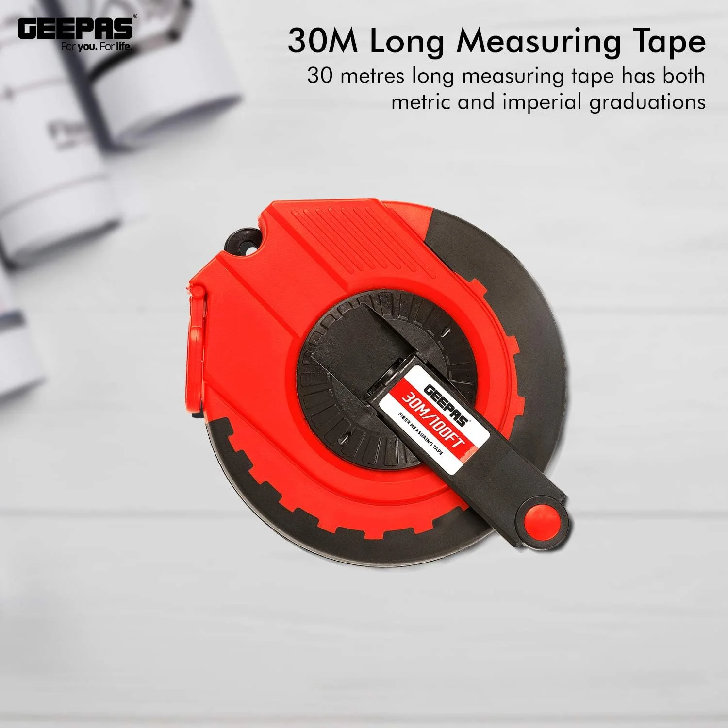 متر نواری فایبر گلاس 30 متری جیپاس مدل GT59013 - متر نواری فایبرگلاس بلند ساخته شده از بدنه بیرونی ABS بادوام و حلقه فلزی در انتها