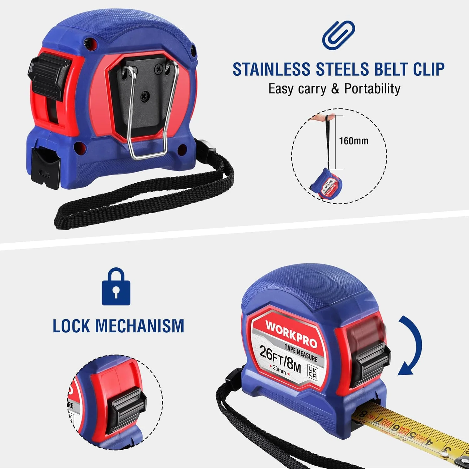 متر نواری 8 متری WORKPRO، متر اندازه گیری حرفه ای جمع شونده، اندازه گیری های امپریال و متریک با گیره کمربند فلزی متر نواری 8 متری WORKPRO، متر اندازه گیری حرفه ای جمع شونده، اندازه گیری های امپریال و متریک با گیره کمربند فلزی