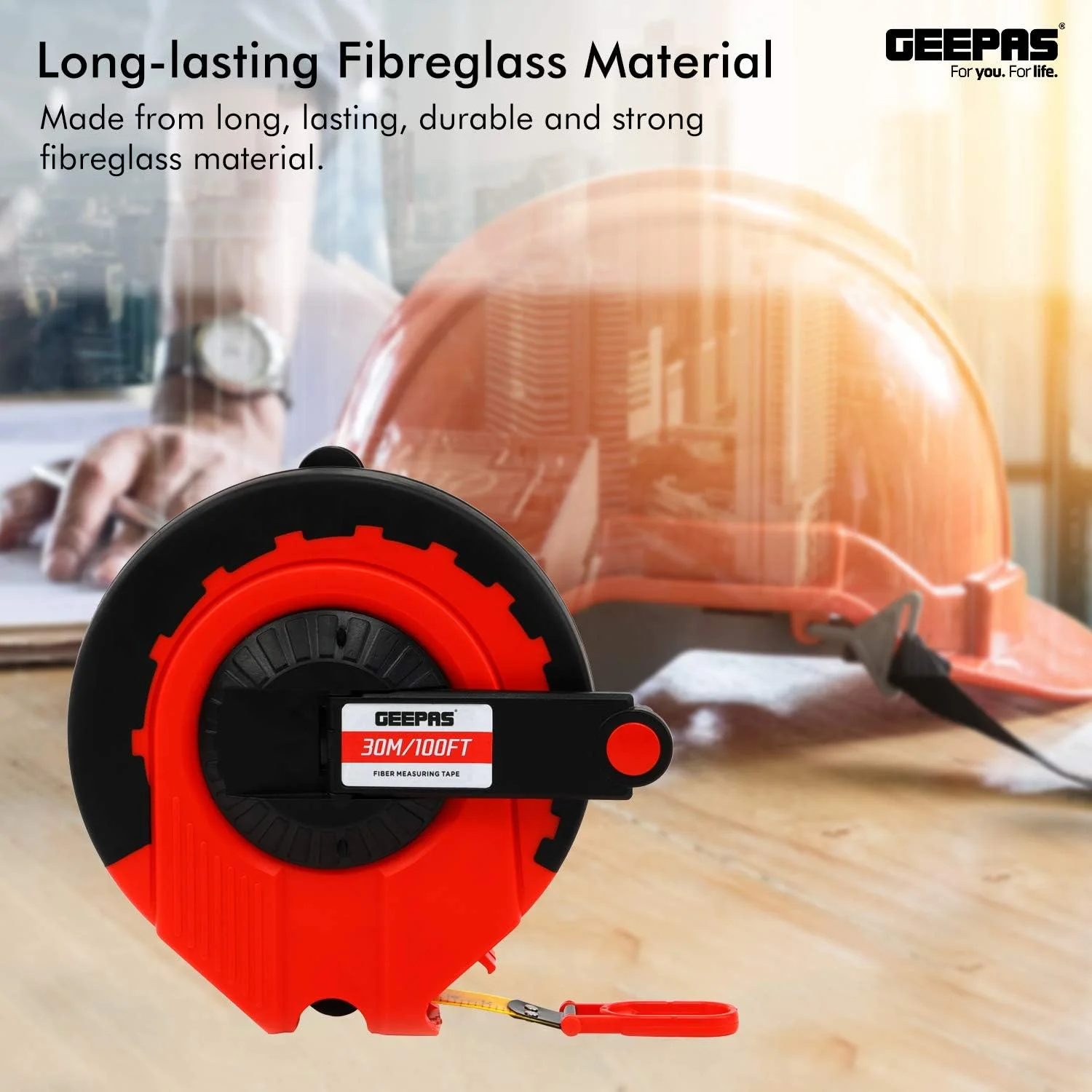 متر نواری فایبر گلاس 30 متری جیپاس مدل GT59013 - متر نواری فایبرگلاس بلند ساخته شده از بدنه بیرونی ABS بادوام و حلقه فلزی در انتها