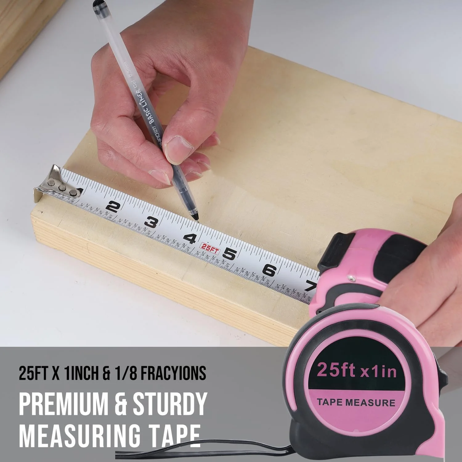 متر نواری لیچمپ صورتی 7.5 متری، متر اندازه گیری 1 بسته 7.5 متری در 2.5 سانتی متری با مقیاس 1/8 اینچ