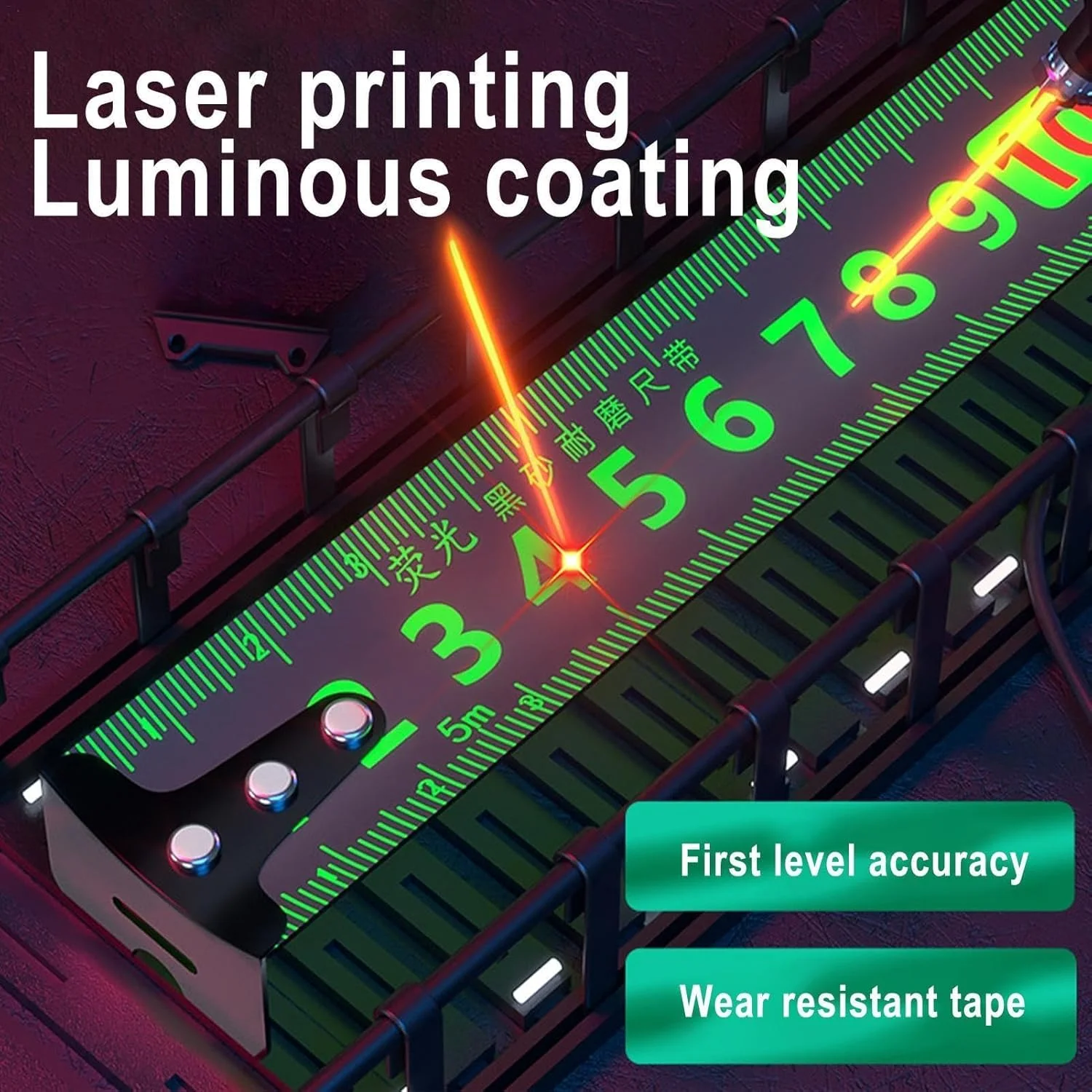متر نواری 7.5 متری با دید آسان، مقاوم و فلورسنت با قابلیت جمع شدن و واحدهای متریک، مناسب برای نقشه برداران، مهندسان و برقکاران، دارای نوک مغناطیسی و روکش محافظ لاستیکی