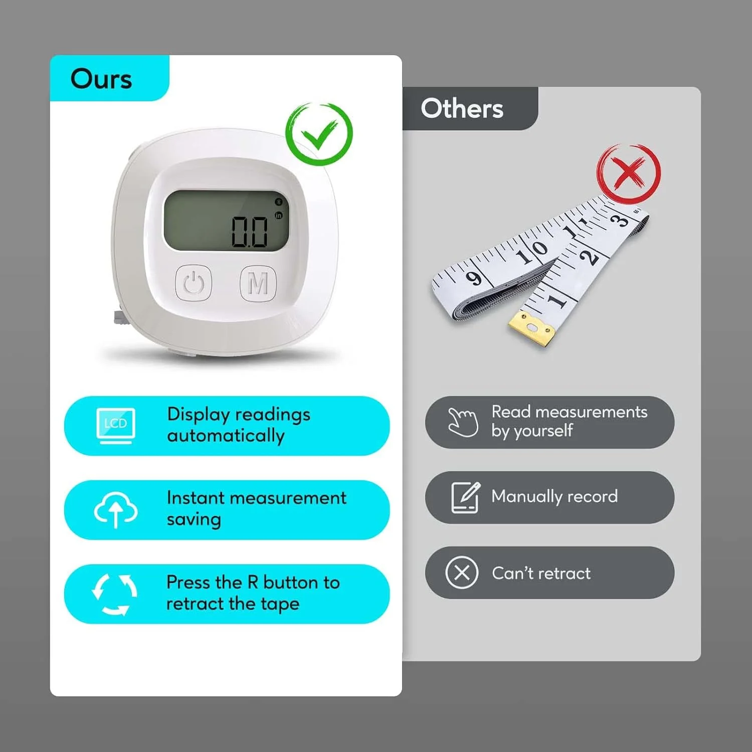متر نواری اکسفور برای بدن، متر اندازه گیری دیجیتال هوشمند بلوتوثی با اپلیکیشن، عملکرد جمع شونده، متر اندازه گیری دقیق برای کاهش وزن، افزایش حجم عضلات، بدنسازی و تناسب اندام، اینچ و سانتی متر