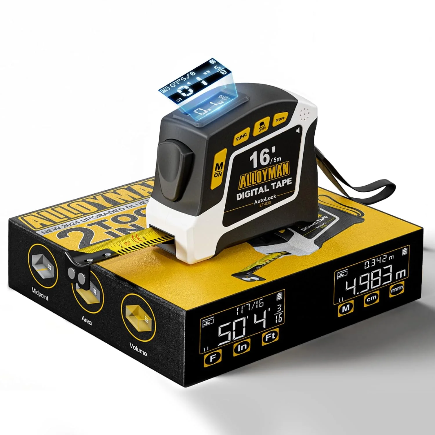 متر دیجیتال 2 در 1 Alloyman، طول 4.8 متر، 6 گزینه واحد، 4 حالت اندازه گیری، ذخیره 50 رکورد، قفل خودکار با قلاب مغناطیسی، ضد آب و مقاوم در برابر سقوط