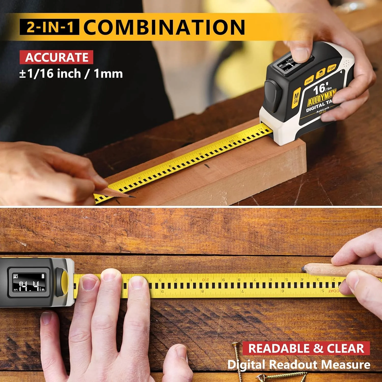 متر دیجیتال 2 در 1 Alloyman، طول 4.8 متر، 6 گزینه واحد، 4 حالت اندازه گیری، ذخیره 50 رکورد، قفل خودکار با قلاب مغناطیسی، ضد آب و مقاوم در برابر سقوط