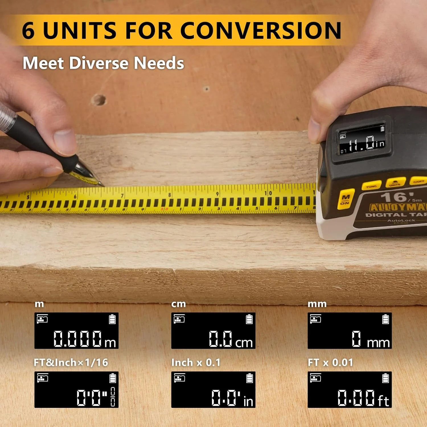 متر دیجیتال 2 در 1 Alloyman، طول 4.8 متر، 6 گزینه واحد، 4 حالت اندازه گیری، ذخیره 50 رکورد، قفل خودکار با قلاب مغناطیسی، ضد آب و مقاوم در برابر سقوط