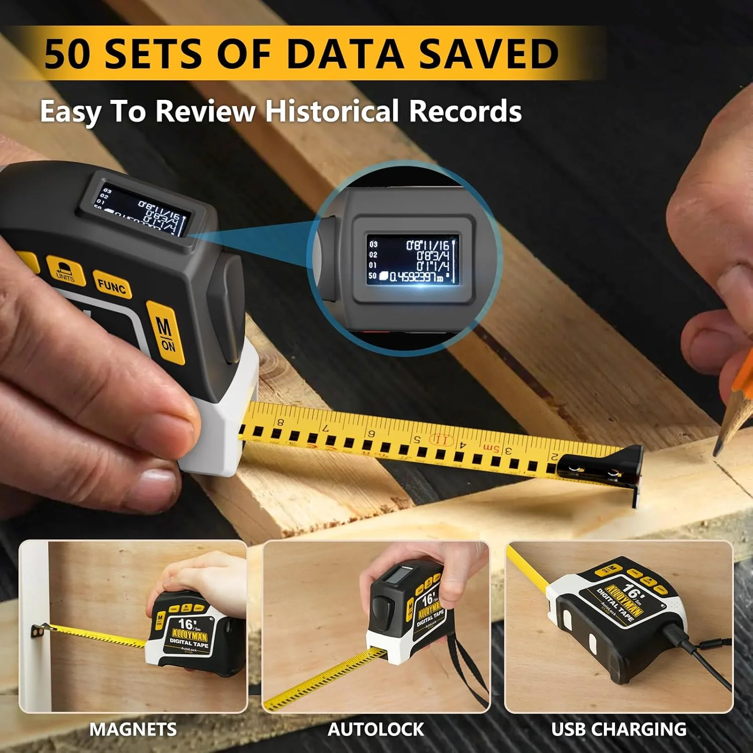 متر دیجیتال 2 در 1 Alloyman، طول 4.8 متر، 6 گزینه واحد، 4 حالت اندازه گیری، ذخیره 50 رکورد، قفل خودکار با قلاب مغناطیسی، ضد آب و مقاوم در برابر سقوط