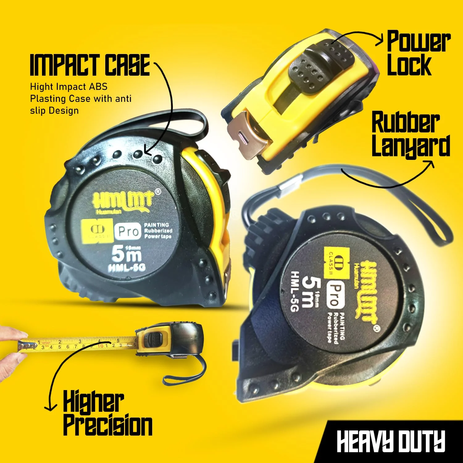 متر نواری سری HMLMT، 5 متر در 19 میلی متر - اندازه گیری های امپریال و متریک - قفل دوگانه اتوماتیک - گیره کمربند - مناسب برای مهندسان، مصارف خانگی، نجاری، ساخت و ساز (زرد) متر نواری سری HMLMT، 5 متر در 19 میلی متر - اندازه گیری های امپریال و متریک - قفل دوگانه اتوماتیک - گیره کمربند - مناسب برای مهندسان، مصارف خانگی، نجاری، ساخت و ساز (زرد)