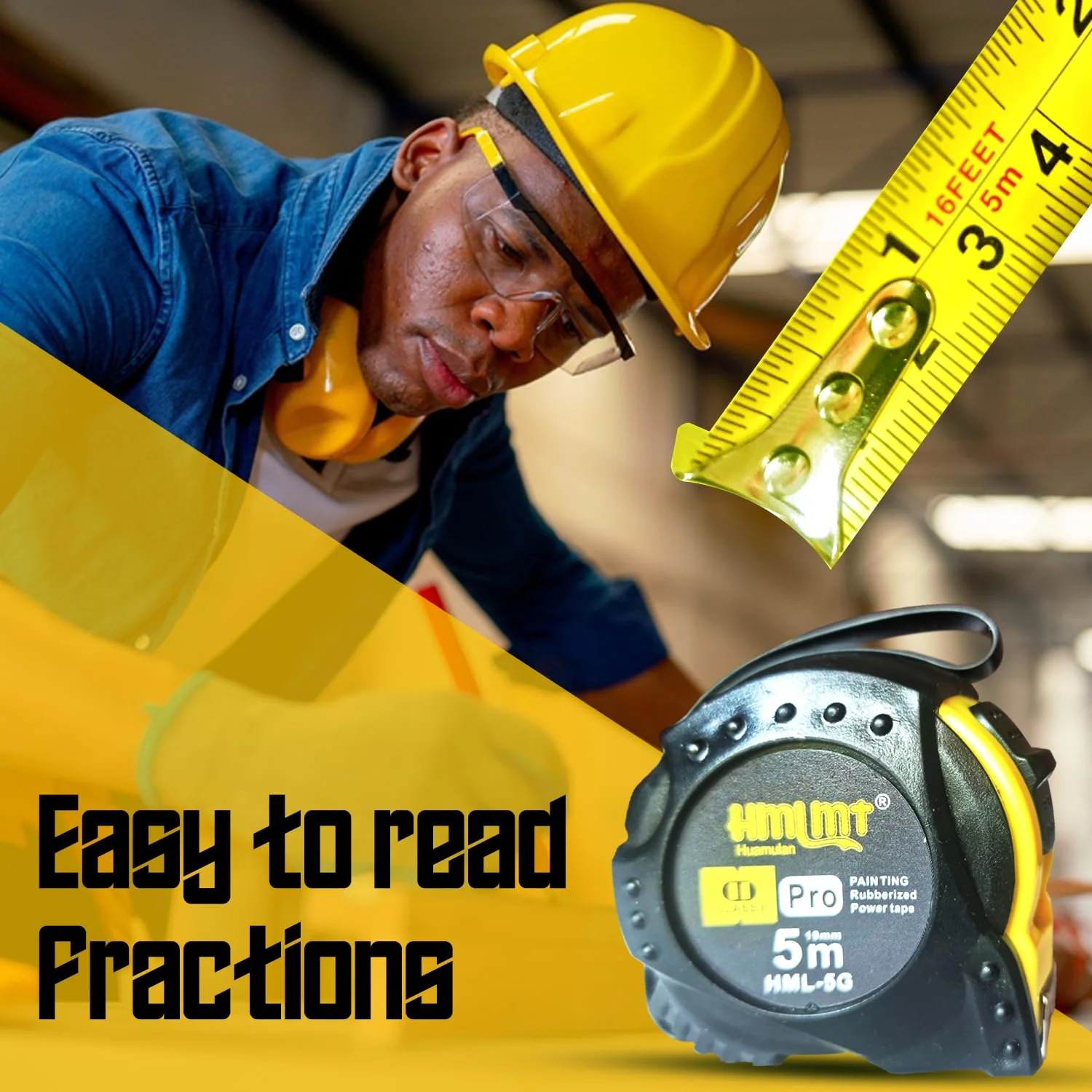 متر نواری سری HMLMT، 5 متر در 19 میلی متر - اندازه گیری های امپریال و متریک - قفل دوگانه اتوماتیک - گیره کمربند - مناسب برای مهندسان، مصارف خانگی، نجاری، ساخت و ساز (زرد) متر نواری سری HMLMT، 5 متر در 19 میلی متر - اندازه گیری های امپریال و متریک - قفل دوگانه اتوماتیک - گیره کمربند - مناسب برای مهندسان، مصارف خانگی، نجاری، ساخت و ساز (زرد)