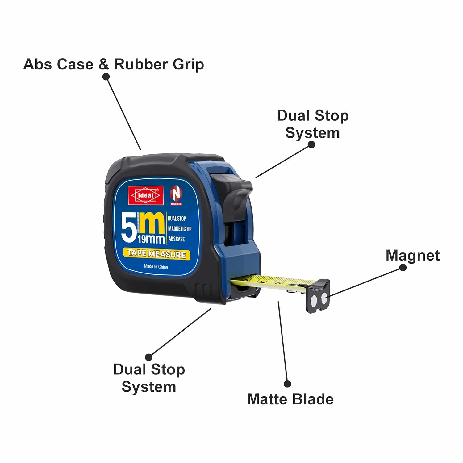 متر نواری IDEAL POWER TOOLS ID MT5X19HQ [5M*19mm] با فناوری توقف دوگانه، دسته PVC، نوک مغناطیسی و تیغه با روکش مات.