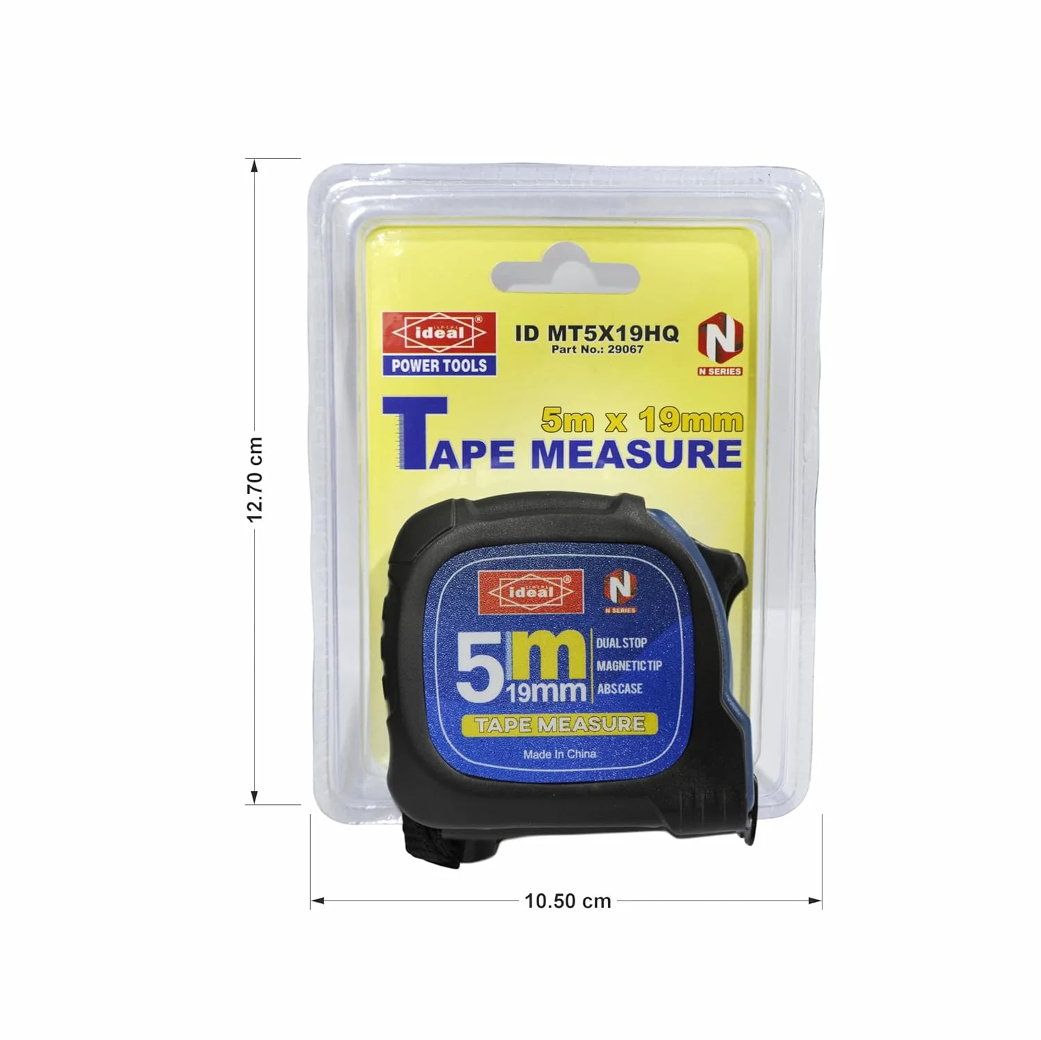 متر نواری IDEAL POWER TOOLS ID MT5X19HQ [5M*19mm] با فناوری توقف دوگانه، دسته PVC، نوک مغناطیسی و تیغه با روکش مات.