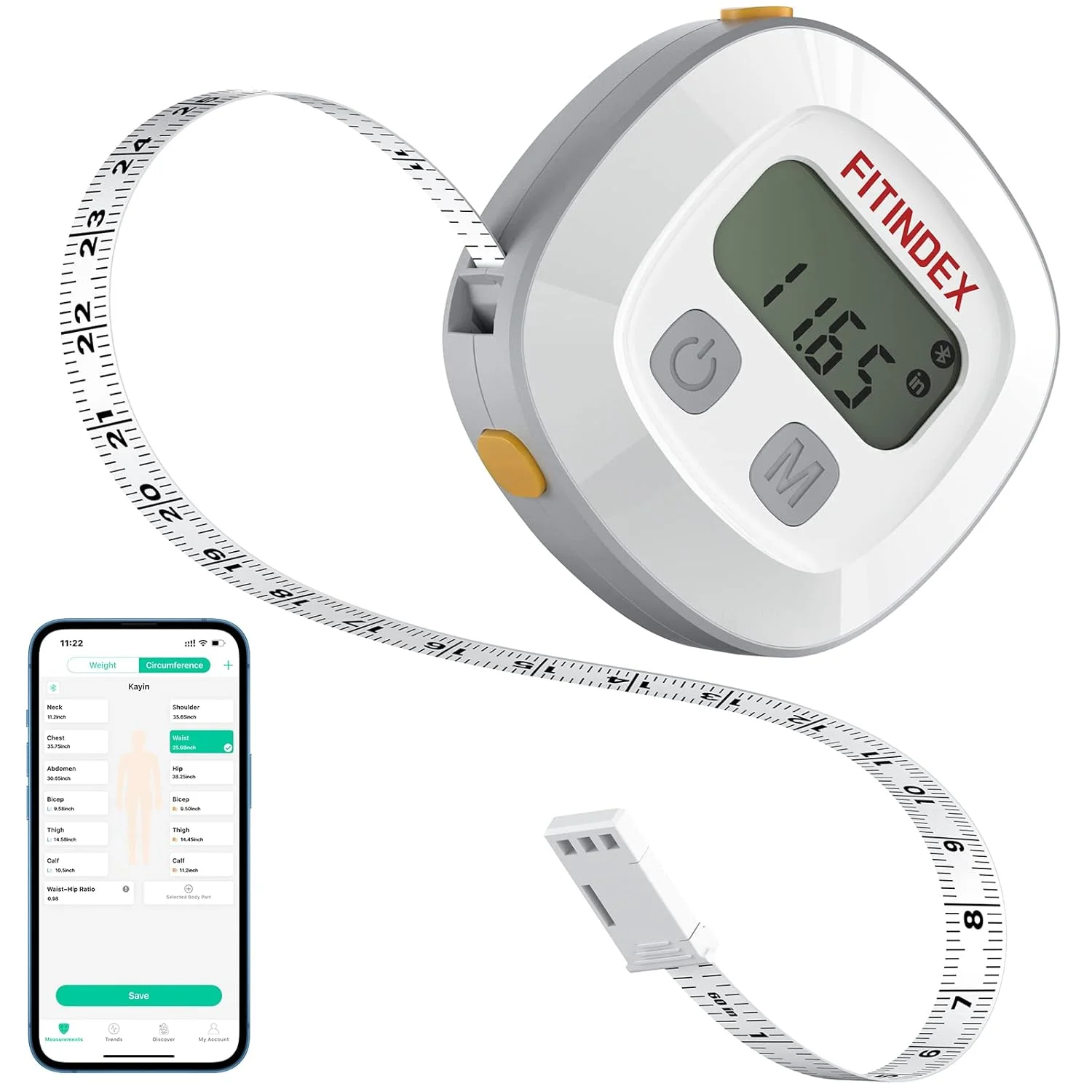 متر نواری هوشمند FITINDEX، متر اندازه گیری بدن با اپلیکیشن، خط کش جمع شونده دو مقیاسی با بلوتوث برای کاهش وزن، تناسب اندام، بدنسازی، نمایشگر LCD دیجیتال، اینچ و سانتی متر متر نواری هوشمند FITINDEX، متر اندازه گیری بدن با اپلیکیشن، خط کش جمع شونده دو مقیاسی با بلوتوث برای کاهش وزن، تناسب اندام، بدنسازی، نمایشگر LCD دیجیتال، اینچ و سانتی متر