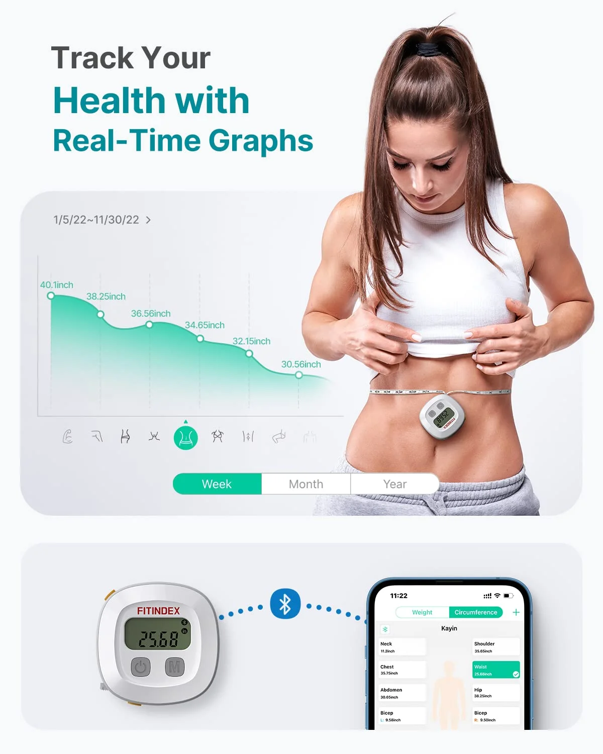 متر نواری هوشمند FITINDEX، متر اندازه گیری بدن با اپلیکیشن، خط کش جمع شونده دو مقیاسی با بلوتوث برای کاهش وزن، تناسب اندام، بدنسازی، نمایشگر LCD دیجیتال، اینچ و سانتی متر متر نواری هوشمند FITINDEX، متر اندازه گیری بدن با اپلیکیشن، خط کش جمع شونده دو مقیاسی با بلوتوث برای کاهش وزن، تناسب اندام، بدنسازی، نمایشگر LCD دیجیتال، اینچ و سانتی متر