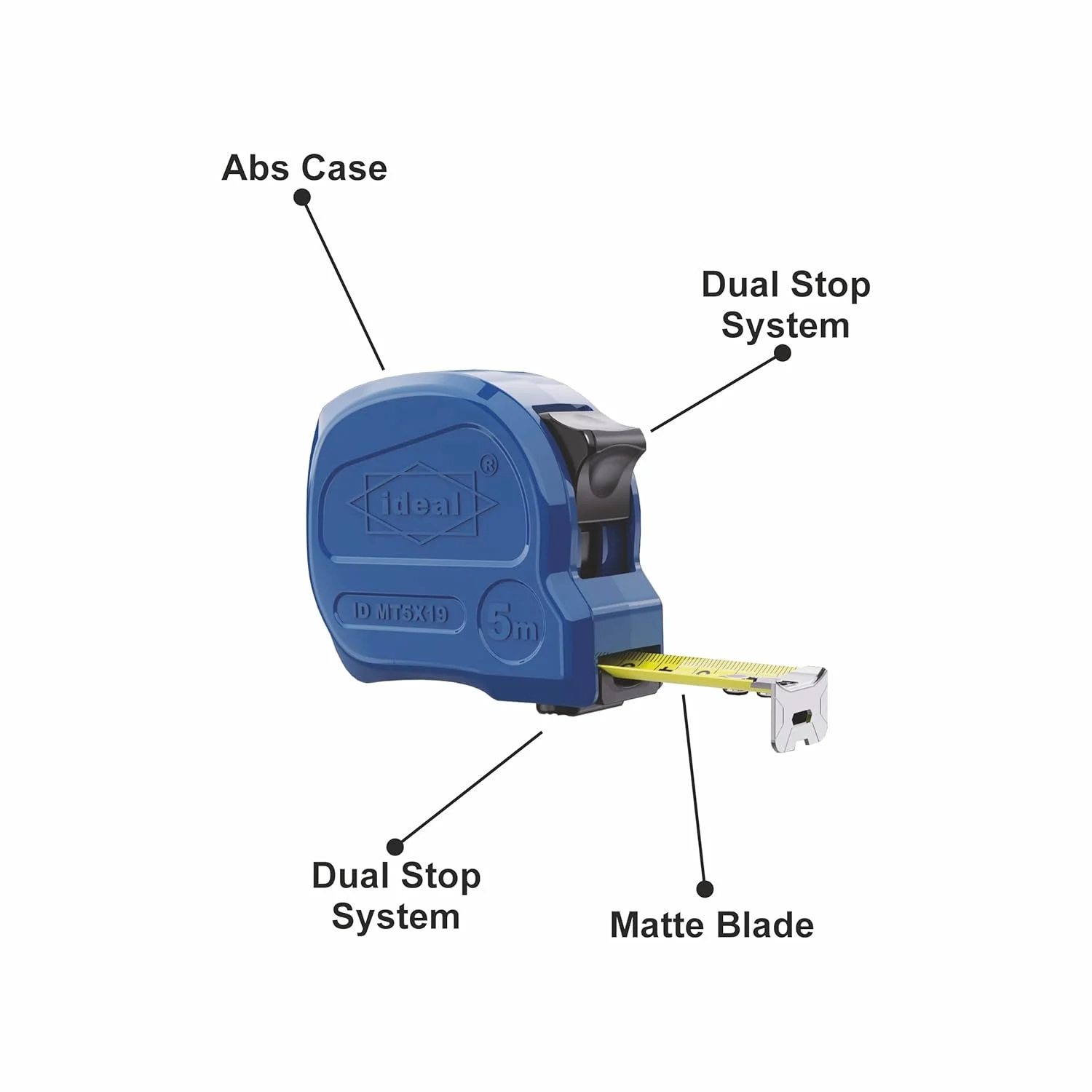 متر نواری ID MT5X19 [5M*19mm] با تیغه مات، دکمه توقف دوگانه، طراحی ارگونومیک و جمع و جور و وزن سبک (100 گرم)