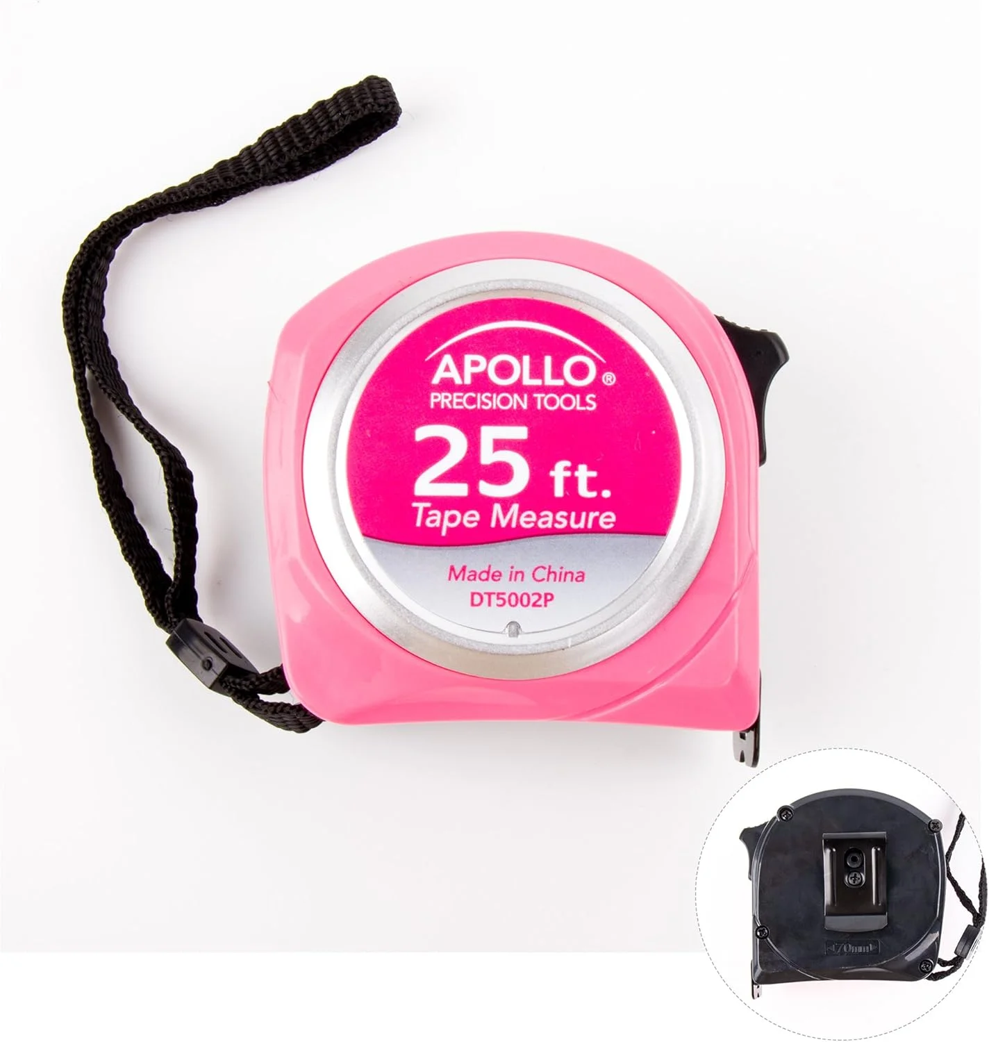 متر نواری 7.5 متری آپولو تولز مدل DT5002P صورتی با تیغه جمع شونده، دکمه قفل و گیره کمربند