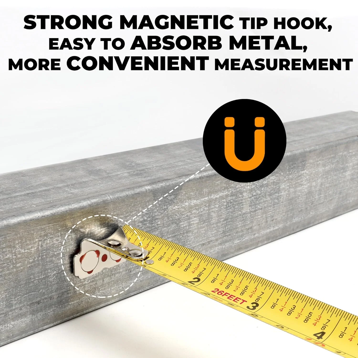 متر نواری 8 متری MulWark با مقیاس اینچ و متریک، تیغه فلزی دو طرفه، قلاب مغناطیسی و بدنه ضد ضربه - مناسب برای ساخت و ساز، پیمانکار، نجار، معمار، نجاری