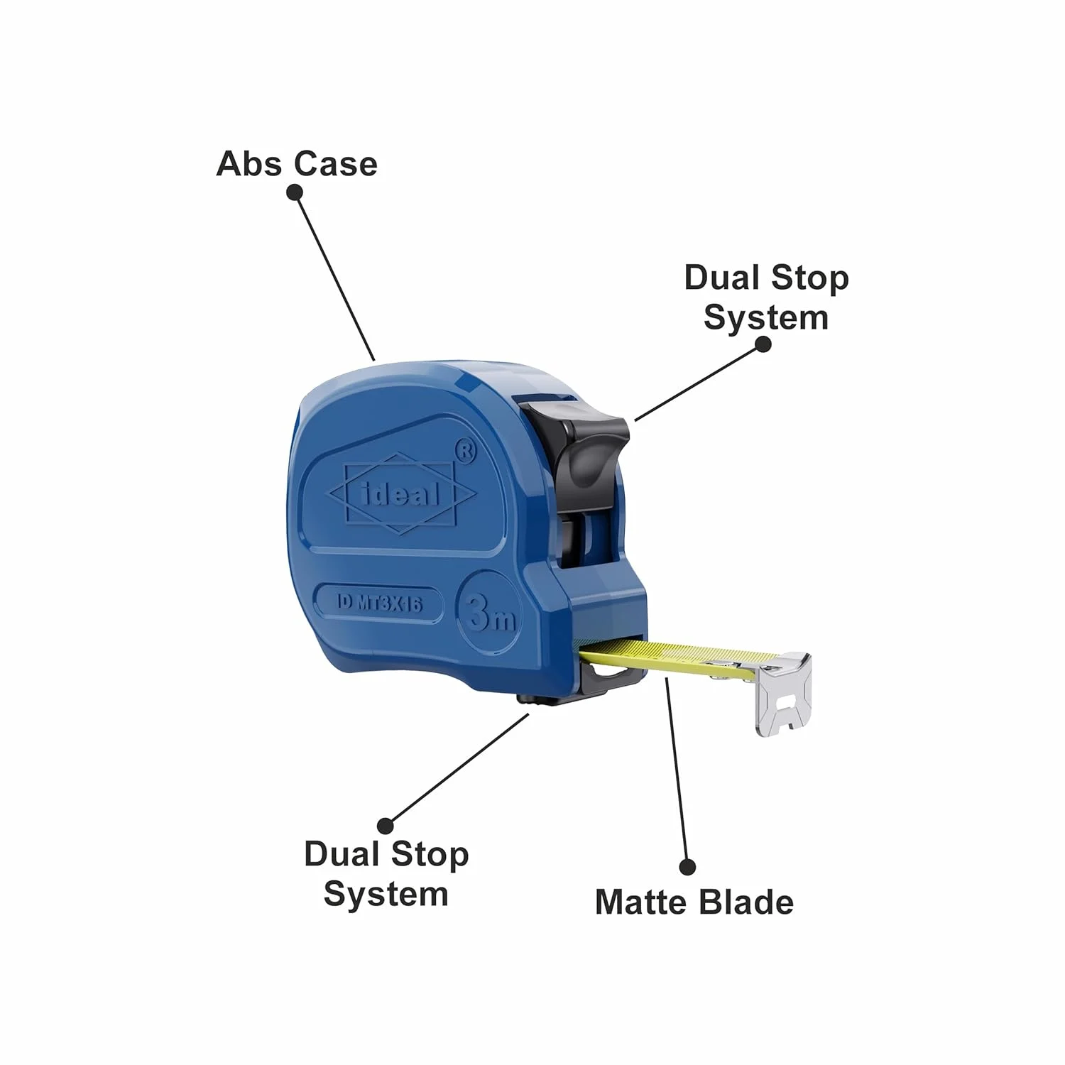 متر نواری IDEAL POWER TOOLS ID MT3X16 [3m*16mm] با تیغه مات، دکمه توقف دوگانه، طراحی ارگونومیک و جمع و جور و وزن سبک (100 گرم).