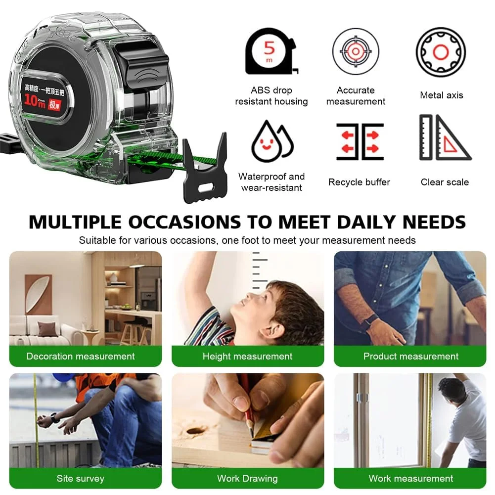 متر نواری خود قفل شونده فولادی، ابزار متریک با علامت دو طرفه شب تاب برای نقشه برداران، مهندسان و برقکاران، با نوک مغناطیسی و روکش محافظ لاستیکی