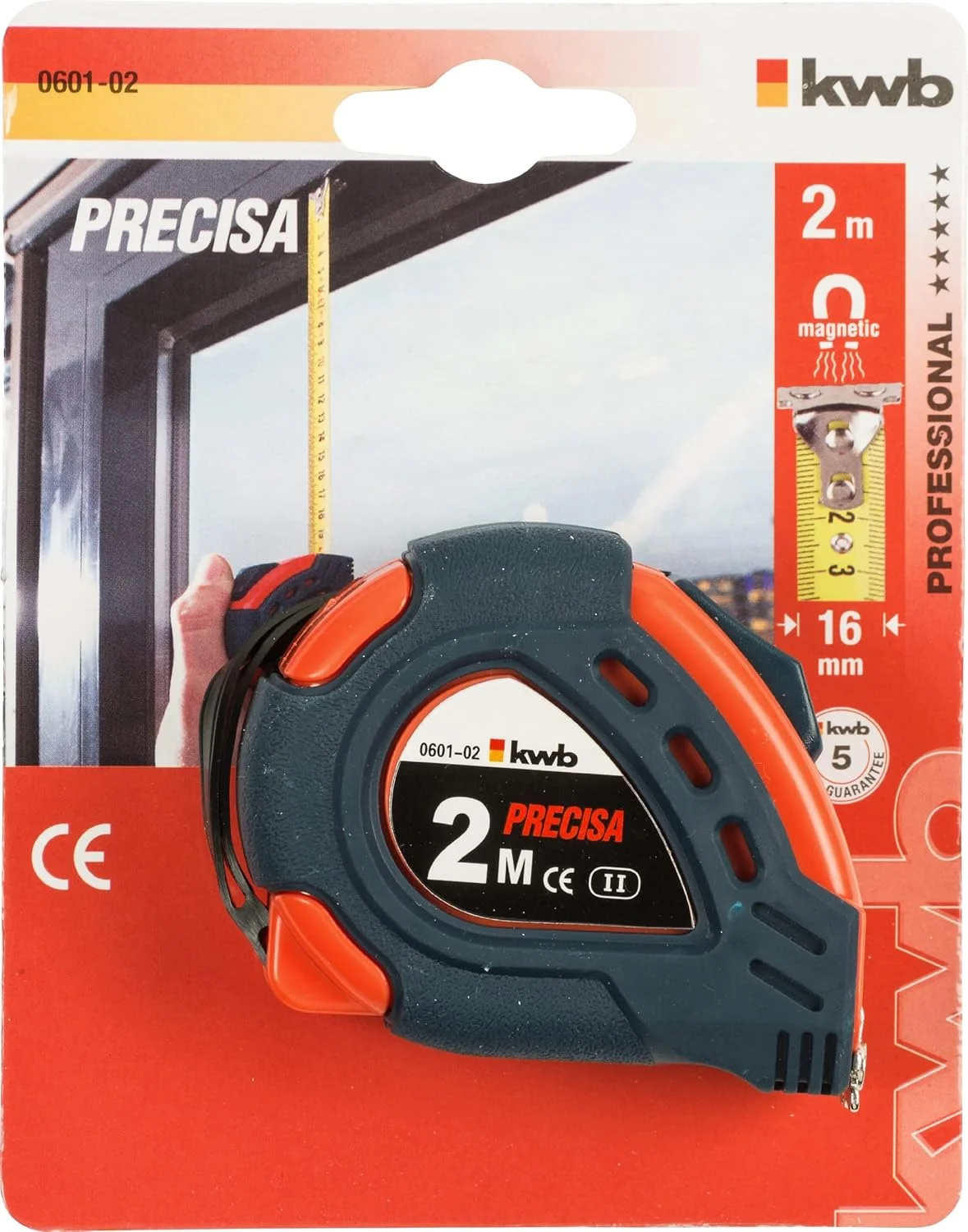 متر فلزی 2 متری دقیق kwb PRECISA با حلقه دستی، شامل گیره کمربند، قلاب مغناطیسی، متر اندازه گیری برای کار در چوب، فلز و دیوار خشک