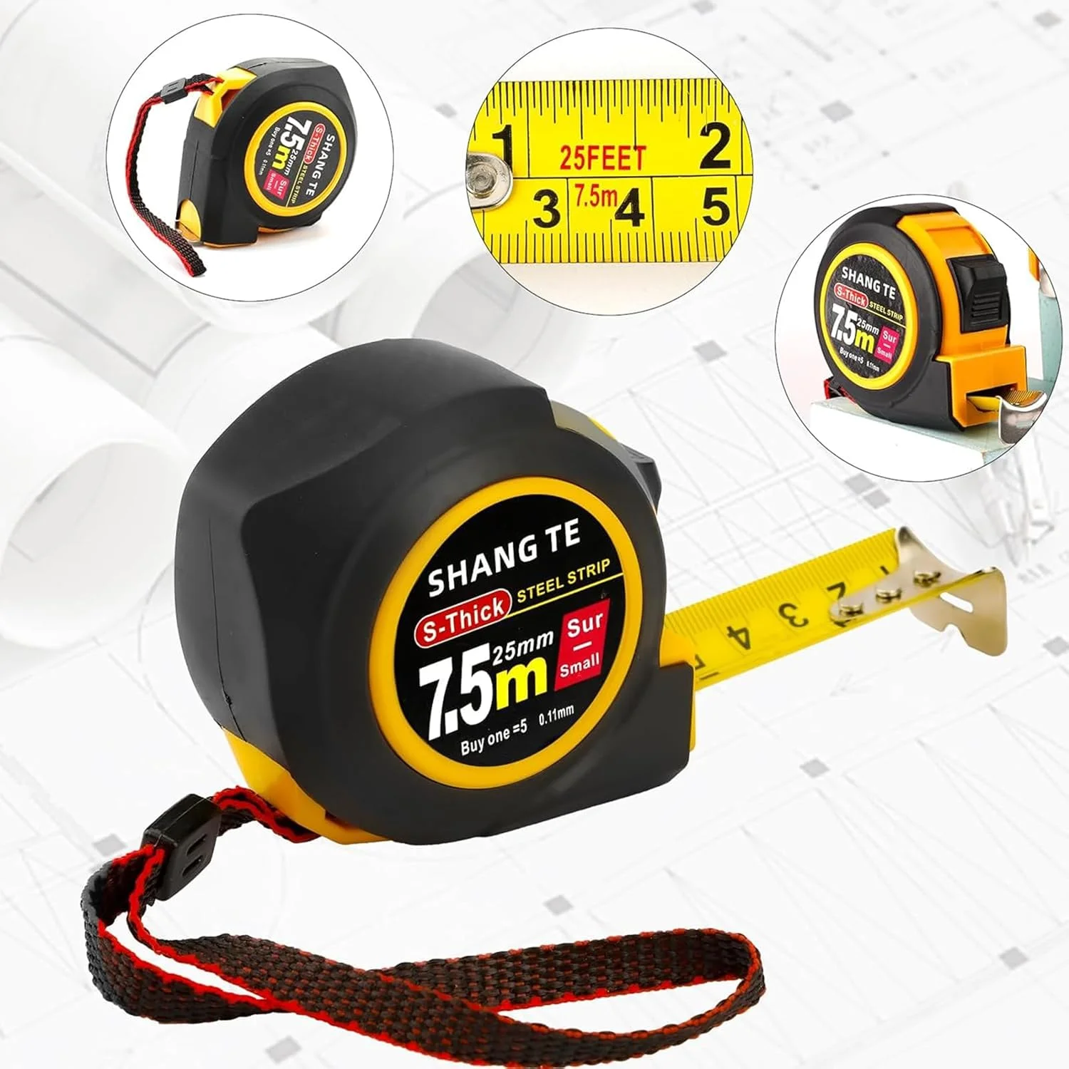 متر نواری، 7.5 متر در 25 میلی متر، متر نواری کوچک با اندازه گیری متریک/اینچی، متر نواری جیبی با اندازه گیری جمع شونده برای برقکاران، نجاران، نقشه برداران و مهندسان