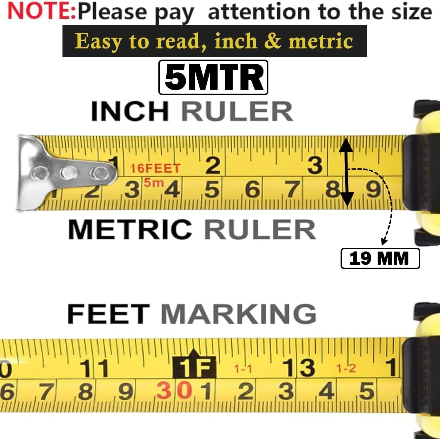 متر نواری خود قفل شونده بیلا - متر فولادی بادوام با قفل خودکار، امپریال/متریک برای ساخت و ساز دقیق، نجاری و کارهای الکتریکی (بدنه PVC 5 متری)