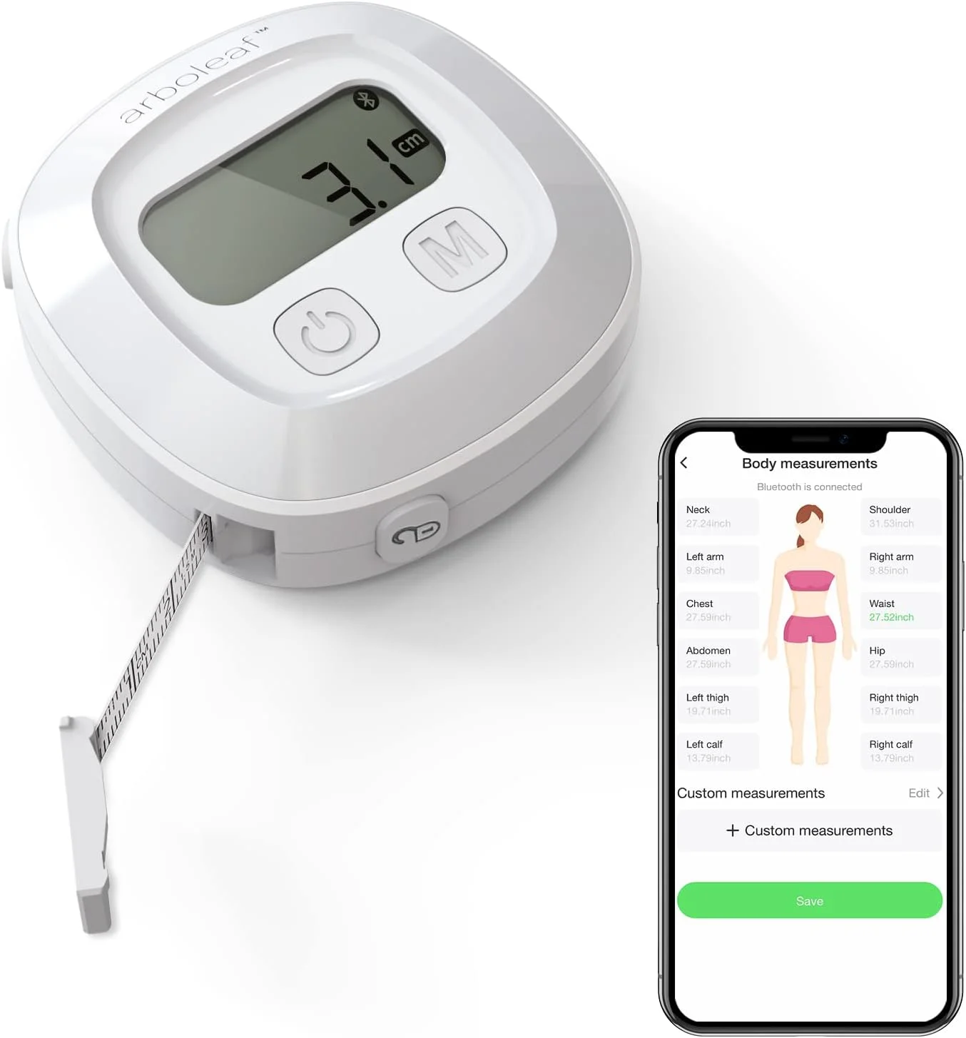 متر نواری بدن Arboleaf با برنامه های هوشمند، نوارهای اندازه گیری بلوتوثی برای اندازه گیری بدن، با مکانیزم قفل شونده، متر نواری جمع شونده برای کاهش وزن، اندازه گیری طول دور، سانتی متر/اینچ