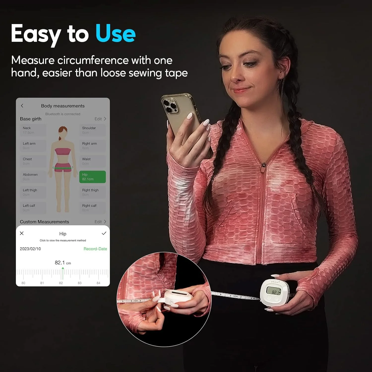 متر نواری بدن Arboleaf با برنامه های هوشمند، نوارهای اندازه گیری بلوتوثی برای اندازه گیری بدن، با مکانیزم قفل شونده، متر نواری جمع شونده برای کاهش وزن، اندازه گیری طول دور، سانتی متر/اینچ