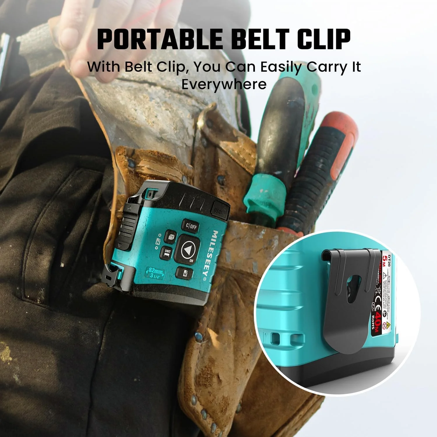 متر لیزری 3 در 1 MiLESEEY DT20، متر فاصله یاب لیزری 40 متری، متر دیجیتال 5 متری، حالت فیثاغورس اندازه گیری حجم مساحت، ضد آب و قابل شارژ متر لیزری 3 در 1 MiLESEEY DT20، متر فاصله یاب لیزری 40 متری، متر دیجیتال 5 متری، حالت فیثاغورس اندازه گیری حجم مساحت، ضد آب و قابل شارژ