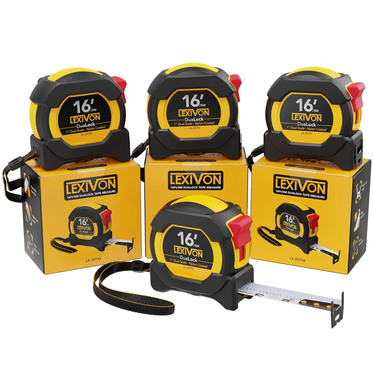 متر نواری 4 عددی LEXIVON DuaLock، 5 متری | تیغه 2.5 سانتی متری با روکش نایلونی، روکش مات سفید و زرد با چاپ دو طرفه | فوت/اینچ/کسری/متریک (LX-207X4) متر نواری 4 عددی LEXIVON DuaLock، 5 متری | تیغه 2.5 سانتی متری با روکش نایلونی، روکش مات سفید و زرد با چاپ دو طرفه | فوت/اینچ/کسری/متریک (LX-207X4)
