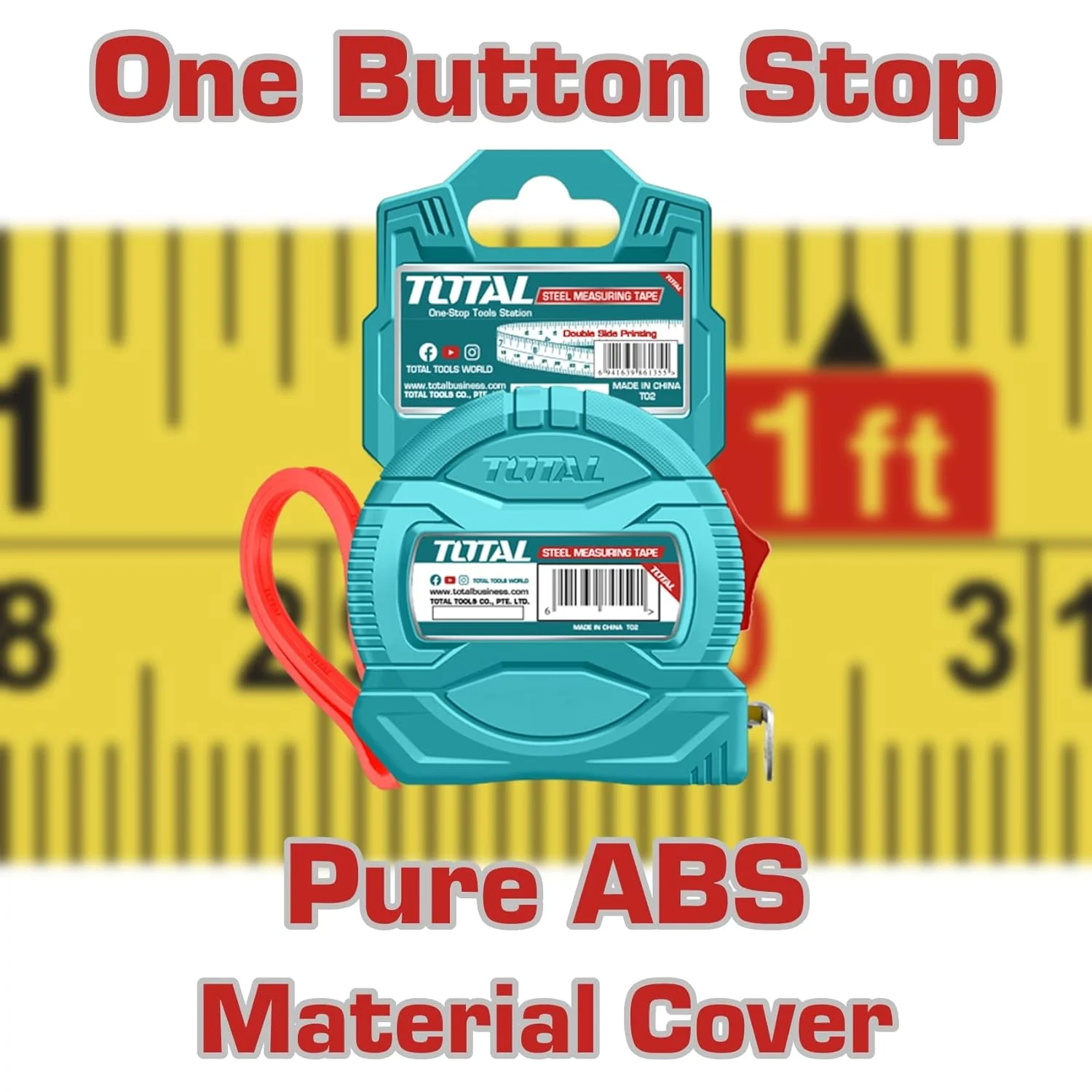 متر فلزی توتال 8 متری | متر نواری جمع شونده سنگین با مکانیزم قفل آسان | تیغه فولادی بادوام برای اندازه گیری دقیق | طراحی جمع و جور و ارگونومیک برای متخصصان و استفاده های شخصی