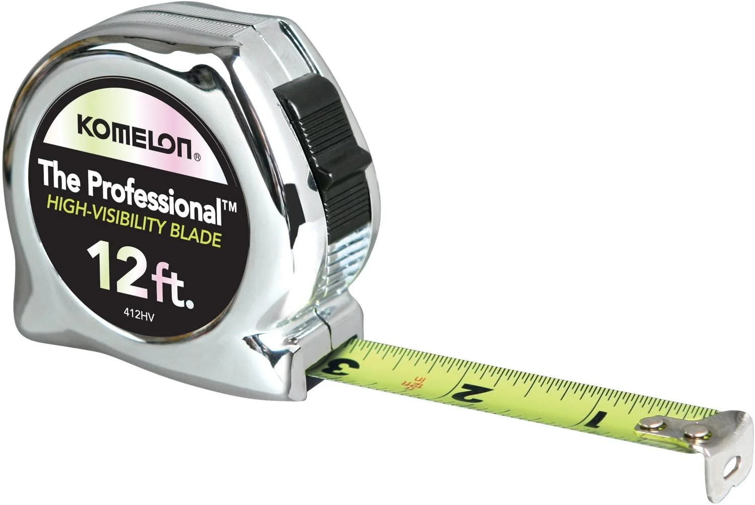 متر نواری حرفه ای دید بالا کوملون مدل 412HV، 3.6 متر در 1.5 سانتیمتر، کروم، زرد، تیغه 3.6 متری