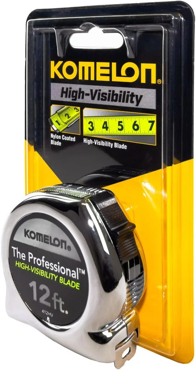 متر نواری حرفه ای دید بالا کوملون مدل 412HV، 3.6 متر در 1.5 سانتیمتر، کروم، زرد، تیغه 3.6 متری متر نواری حرفه ای دید بالا کوملون مدل 412HV، 3.6 متر در 1.5 سانتیمتر، کروم، زرد، تیغه 3.6 متری
