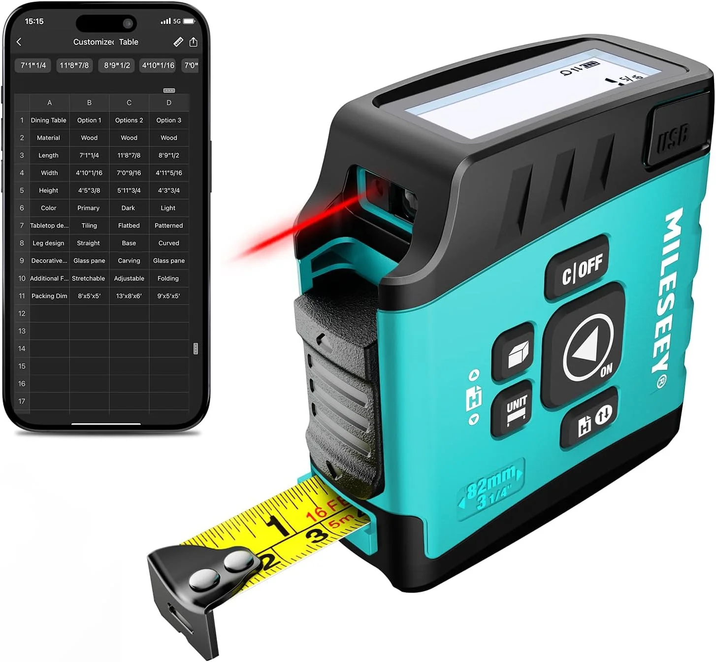 متر لیزری نواری 3 در 1 MiLESEEY DT20، متر فاصله یاب لیزری 40 متری، متر نواری دیجیتال 5 متری، متر نواری معمولی، حالت فیثاغورث اندازه گیری حجم مساحت، ضد آب و قابل شارژ