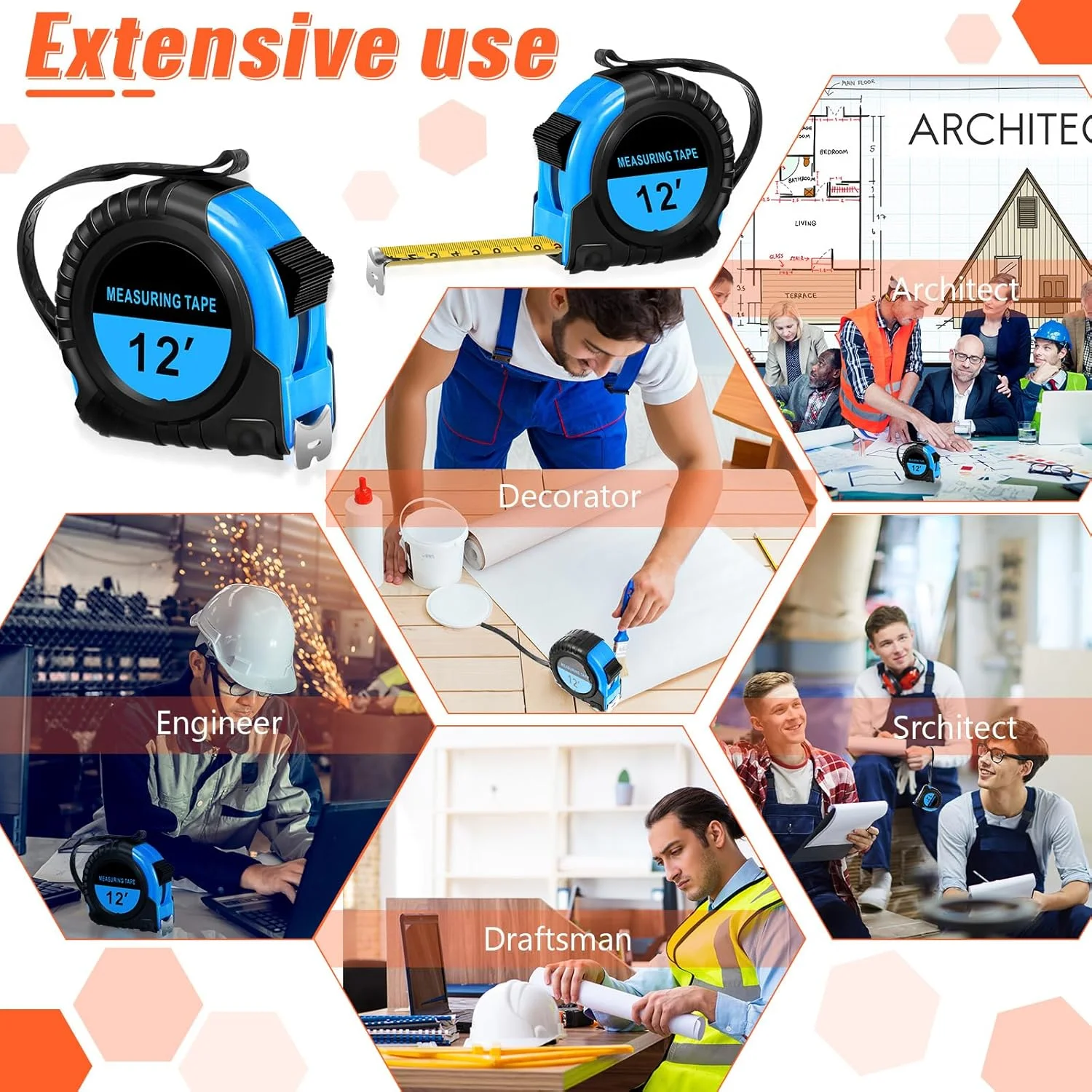 متر نواری جمع شونده و با خوانایی آسان Copkim، 50 عددی، اندازه گیری عمده با علامت گذاری کسری، متر اندازه گیری خود قفل شونده با خوانایی آسان برای مهندسین و پیمانکاران (آبی، 3.5 متر)