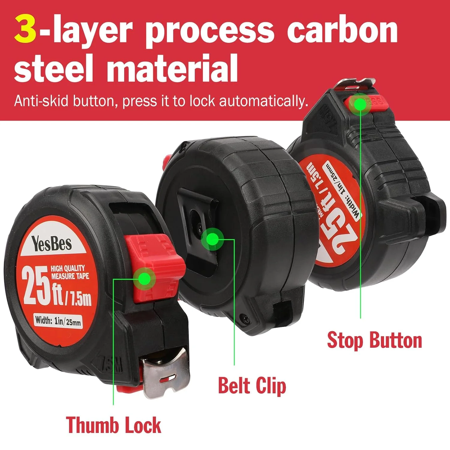 متر نواری 7.5 متری، بسته 5 عددی متر نواری با خوانایی آسان، متر نواری خود قفل شونده جمع شونده با عرض 2.5 سانتی متر در 7.5 متر