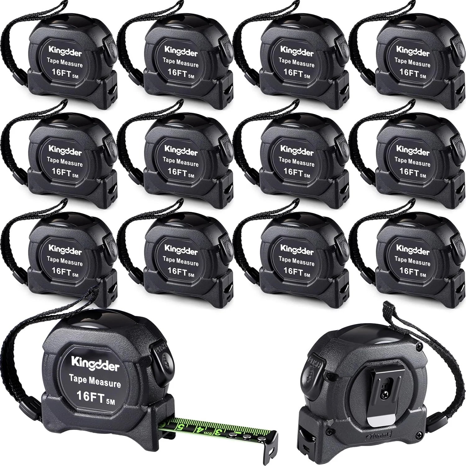 متر نواری فلورسنت کینگدر، بسته 12 عددی، 5 متری، قفل خودکار، با کنتراست بالا، حالت تاریک، دکمه دار برای دید بهتر در نور کم، مناسب مهندسان و صنعتگران