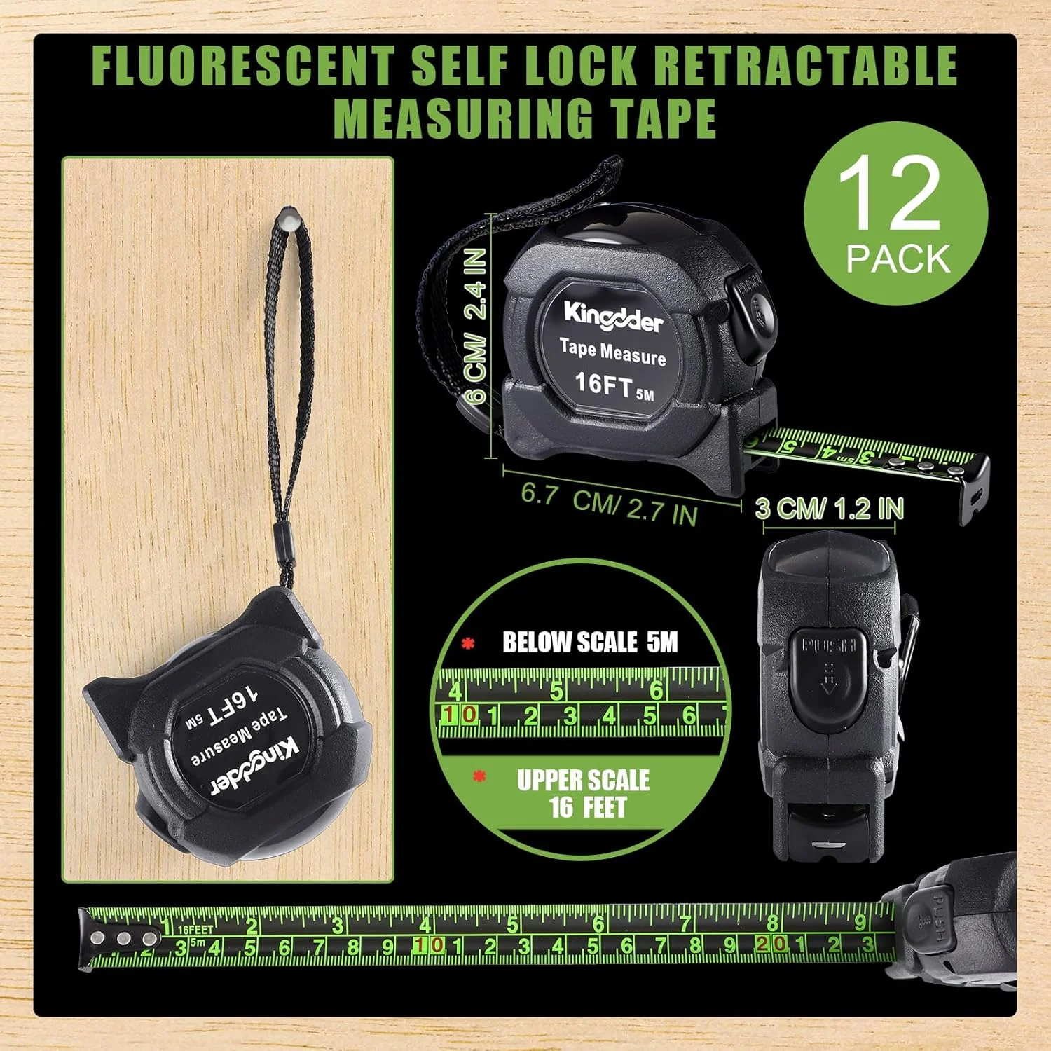 متر نواری فلورسنت کینگدر، بسته 12 عددی، 5 متری، قفل خودکار، با کنتراست بالا، حالت تاریک، دکمه دار برای دید بهتر در نور کم، مناسب مهندسان و صنعتگران متر نواری فلورسنت کینگدر، بسته 12 عددی، 5 متری، قفل خودکار، با کنتراست بالا، حالت تاریک، دکمه دار برای دید بهتر در نور کم، مناسب مهندسان و صنعتگران