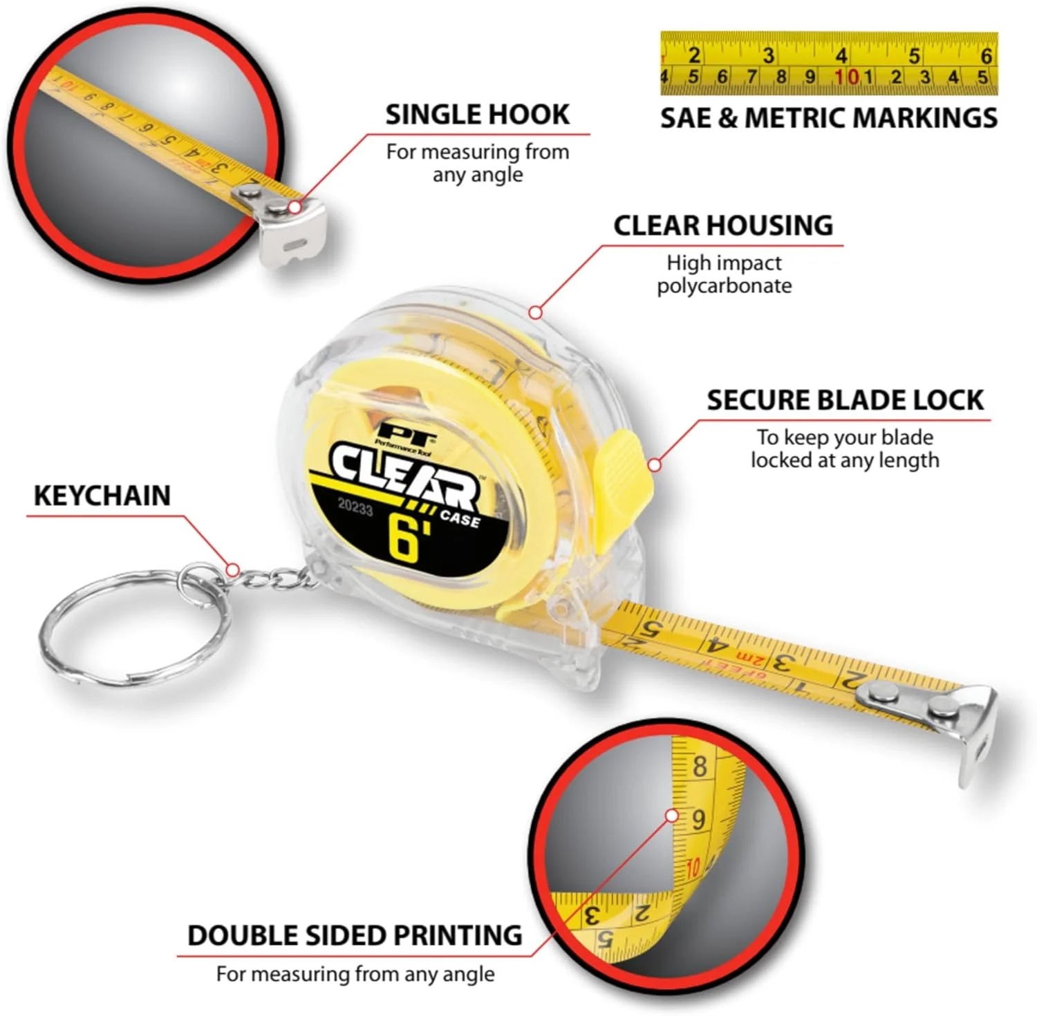 ابزار عملکرد 20233 متر نواری شفاف مینی 6 فوتی، اندازه گیری SAE و متریک چاپ شده در هر دو طرف