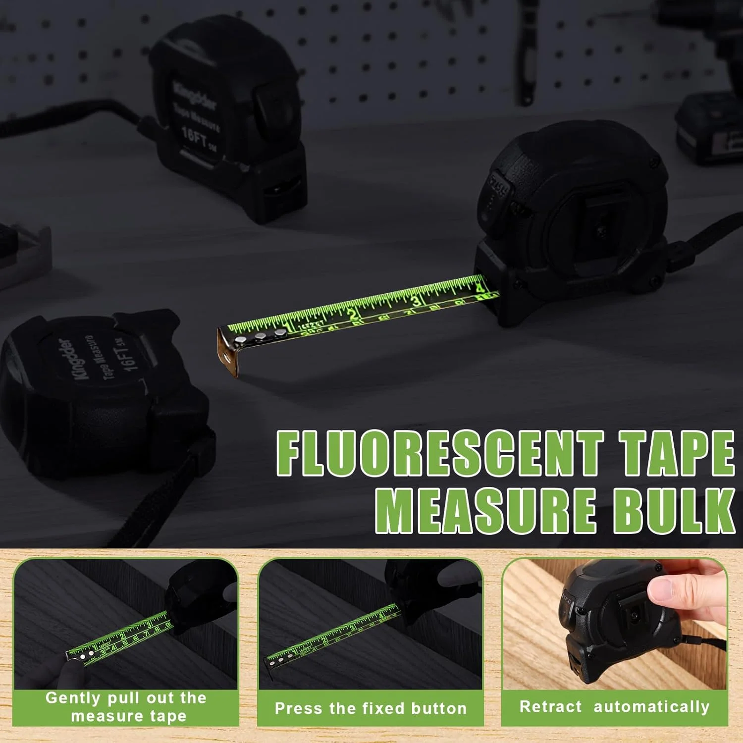 متر نواری فلورسنت کینگدر، بسته 12 عددی، 5 متری، قفل خودکار، با کنتراست بالا، حالت تاریک، دکمه دار برای دید بهتر در نور کم، مناسب مهندسان و صنعتگران متر نواری فلورسنت کینگدر، بسته 12 عددی، 5 متری، قفل خودکار، با کنتراست بالا، حالت تاریک، دکمه دار برای دید بهتر در نور کم، مناسب مهندسان و صنعتگران