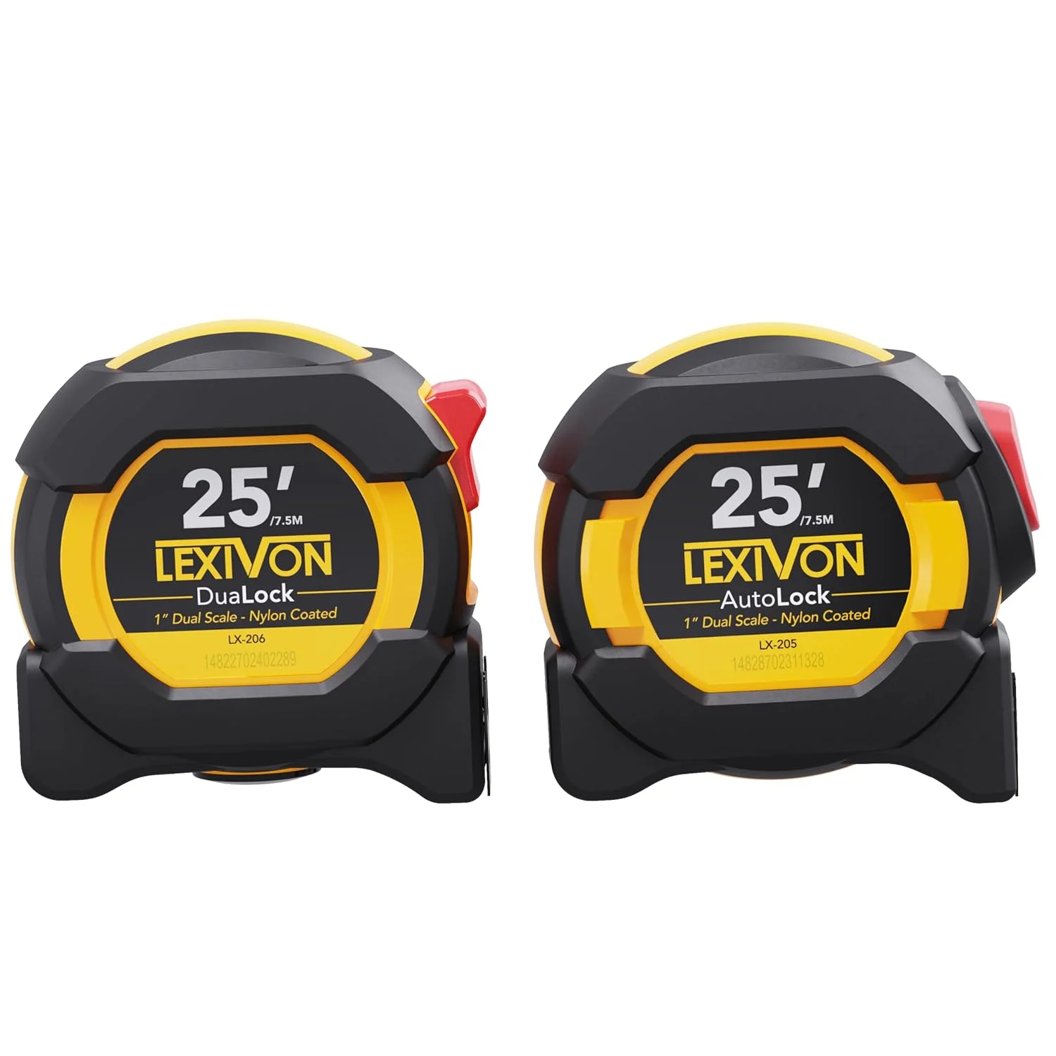 LEXIVON [بسته 2 عددی] متر نواری 7.5 متری، قفل دوگانه و قفل خودکار | تیغه 1 اینچی با روکش نایلونی، روکش مات سفید و زرد چاپ دو طرفه | فوت/اینچ/کسر/متریک (LX-204)