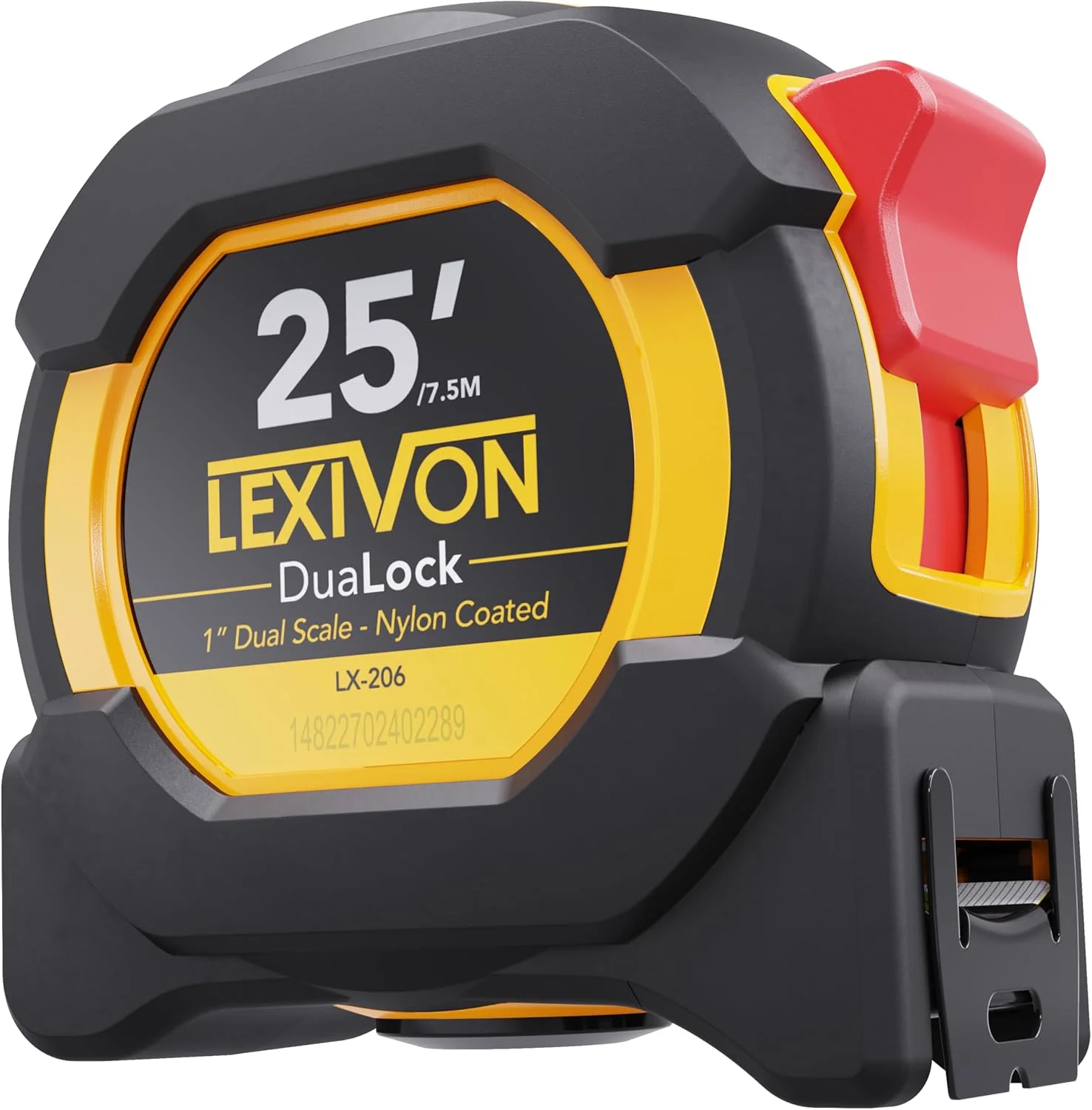 متر نواری دوآلاک لکسیون 7.5 متری با تیغه 2.5 سانتی متری با روکش نایلونی، روکش مات سفید و زرد چاپ دو طرفه، اندازه گیری فوت/اینچ/کسری/متریک (LX-206)