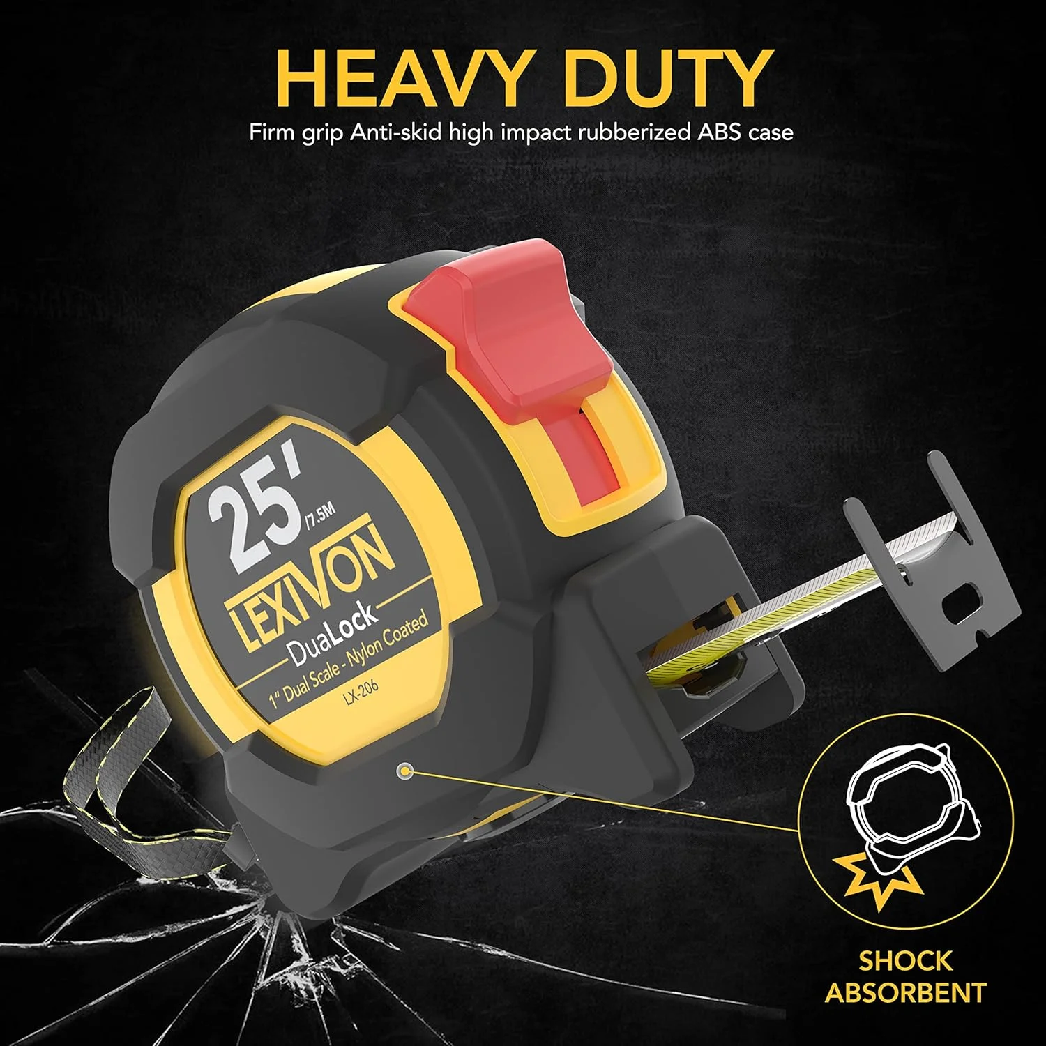 متر نواری دوآلاک لکسیون 7.5 متری با تیغه 2.5 سانتی متری با روکش نایلونی، روکش مات سفید و زرد چاپ دو طرفه، اندازه گیری فوت/اینچ/کسری/متریک (LX-206)