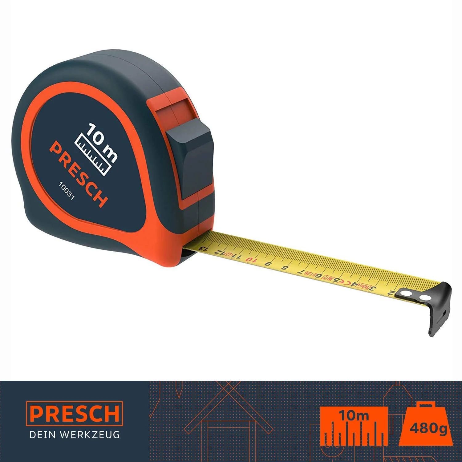 متر نواری 10 متری Presch - متر اندازه گیری بزرگ و مقاوم، پرچ شده، با نگهدارنده کمربند فلزی و متر نواری جمع شونده 10 متری