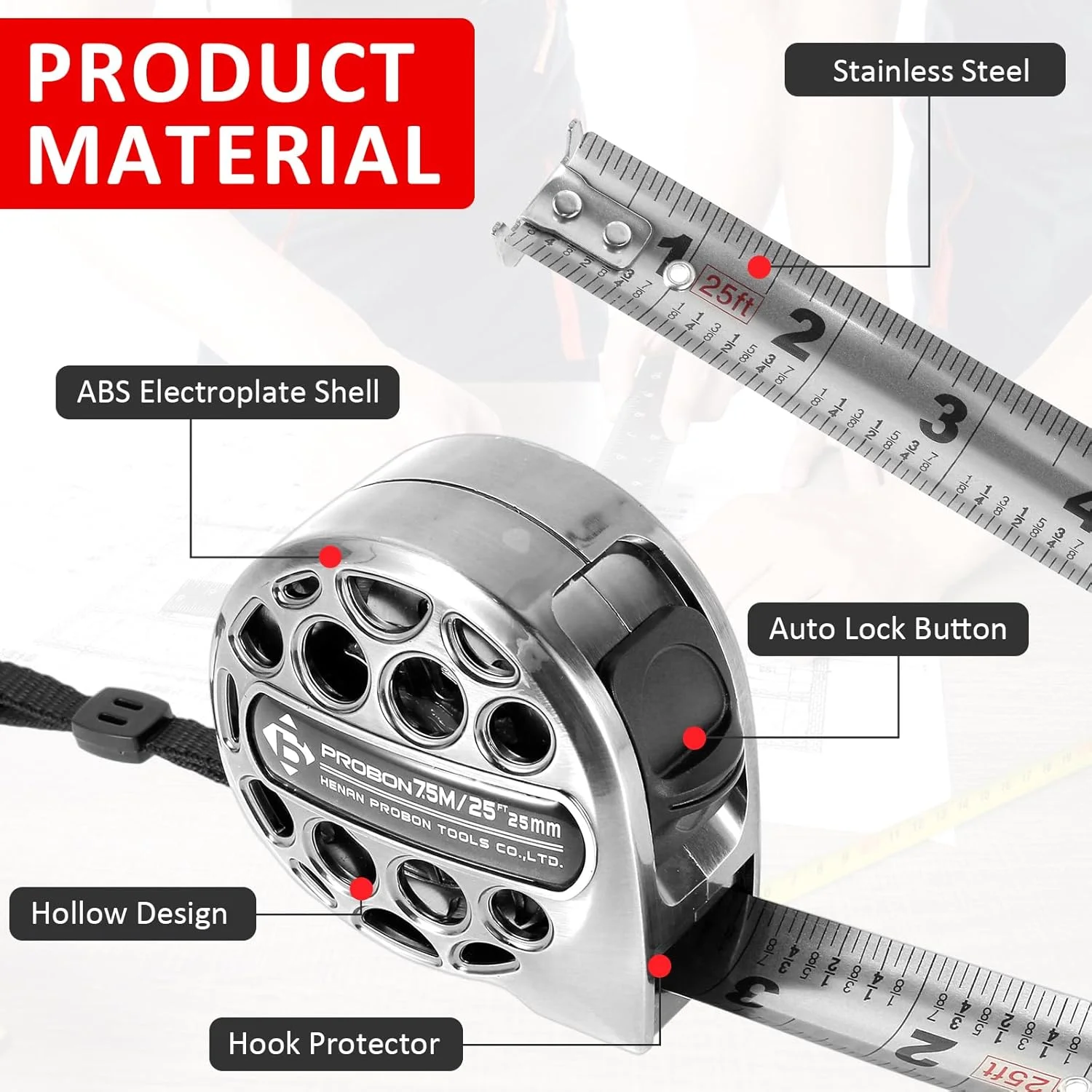 متر نواری 7.5 متری فولاد ضد زنگ جمع شونده با مقیاس دو طرفه، مناسب برای ساخت و ساز، مصارف خانگی و نجاری (1)