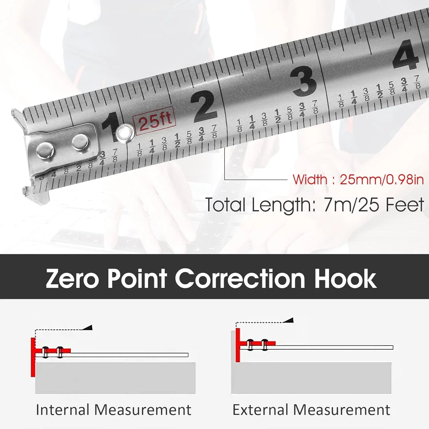 متر نواری 7.5 متری فولاد ضد زنگ جمع شونده با مقیاس دو طرفه، مناسب برای ساخت و ساز، مصارف خانگی و نجاری (1)